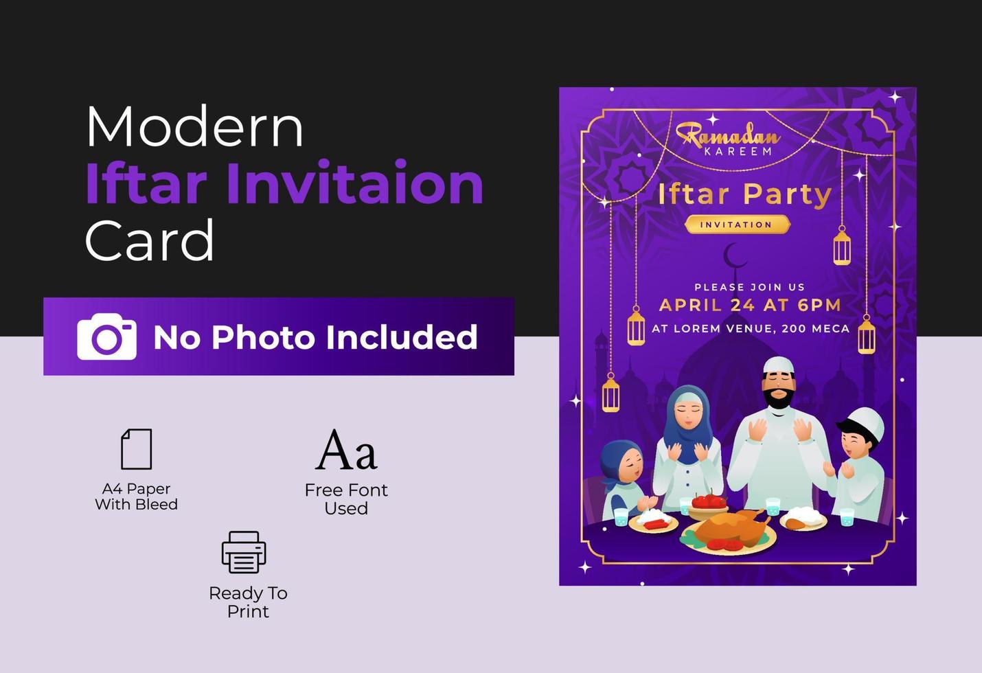 Iftar invitation card design with hanging illuminated lanterns on purple background and event details. vector