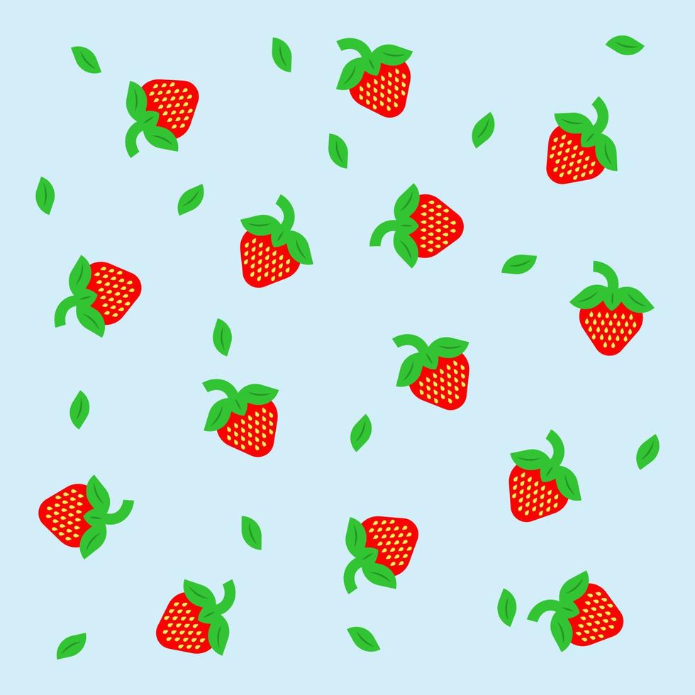 Beautiful juicy sweet strawberries with leaves in flat style. Seamless fruit pattern on light blue background. Pro fruit pattern. vector