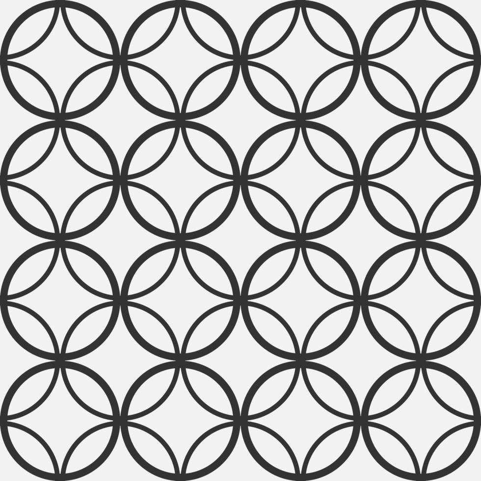 Seamless geometric intersecting black circle on white background. For for clothing, fabric print, interior, background. Seamless geometric pattern of circles on a white background. Pro vector pattern.