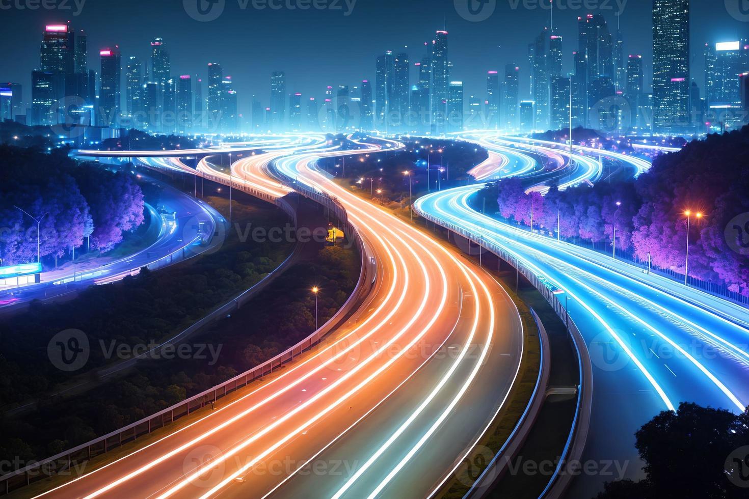 futurista moderno futuro ciudad con autopista la carretera a noche, generativo Arte por ai foto