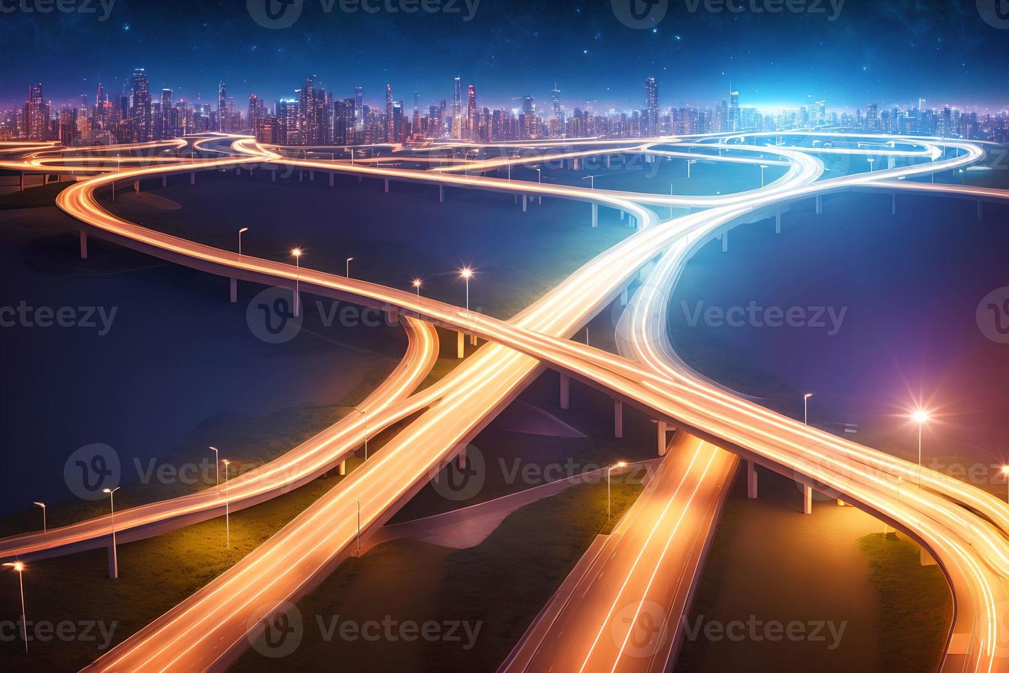 futurista moderno futuro ciudad con autopista la carretera a noche, generativo Arte por ai foto