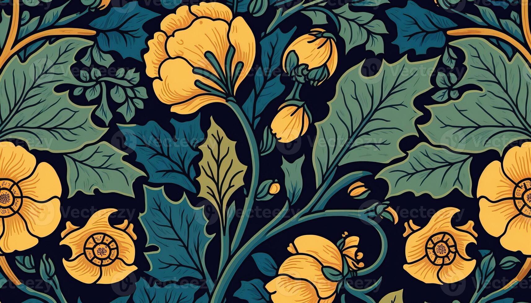 , Floral yellow, blue, green colors pattern. William Morris inspired natural plants and flowers background, vintage illustration. Foliage ornament. photo