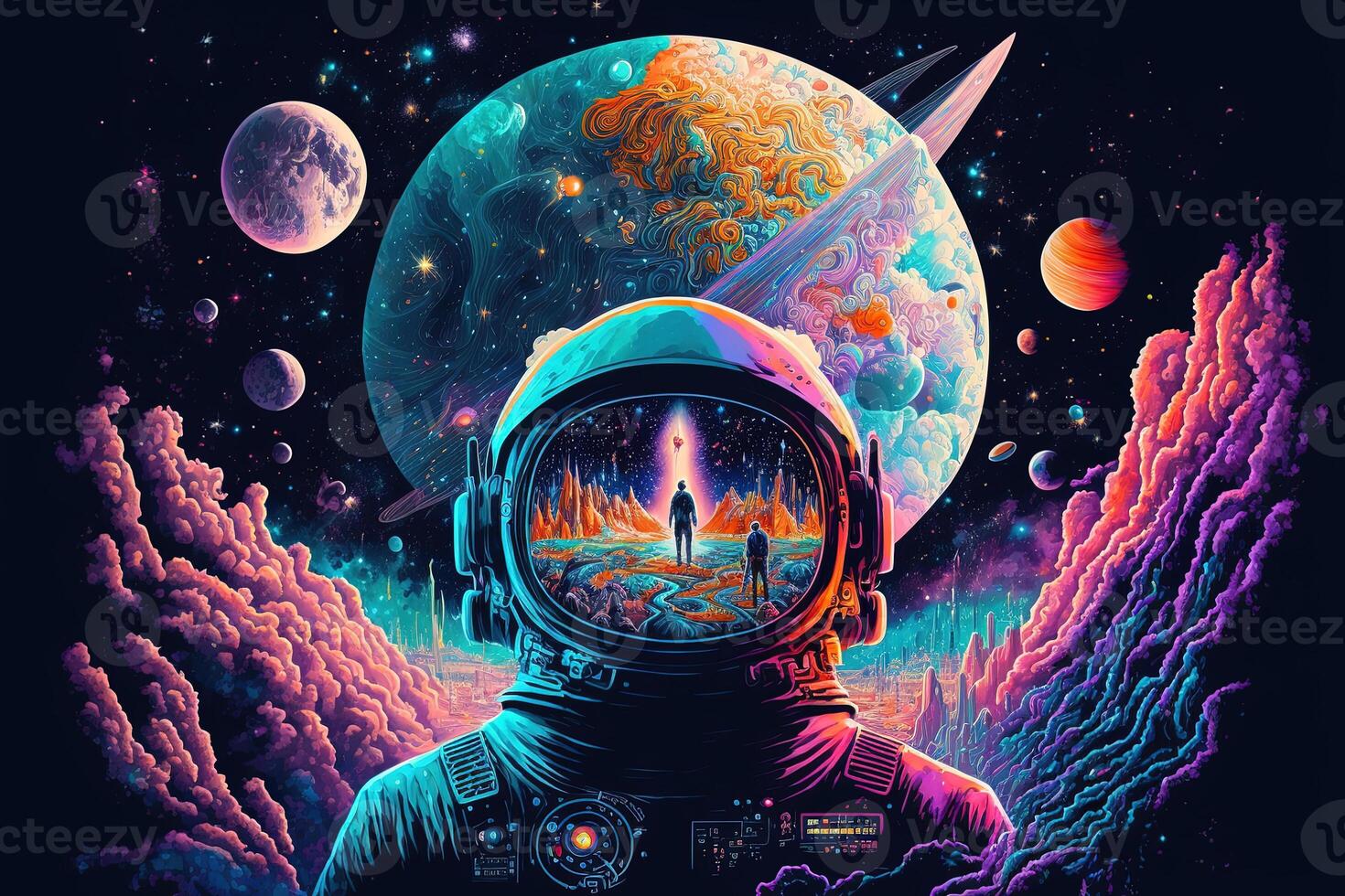 , Psychedelic Space banner template, nostalgic 80s, 90s background. Horizontal illustration of the future landscape with mountains, planets, trees, moon. Surrealist escapism concept. photo