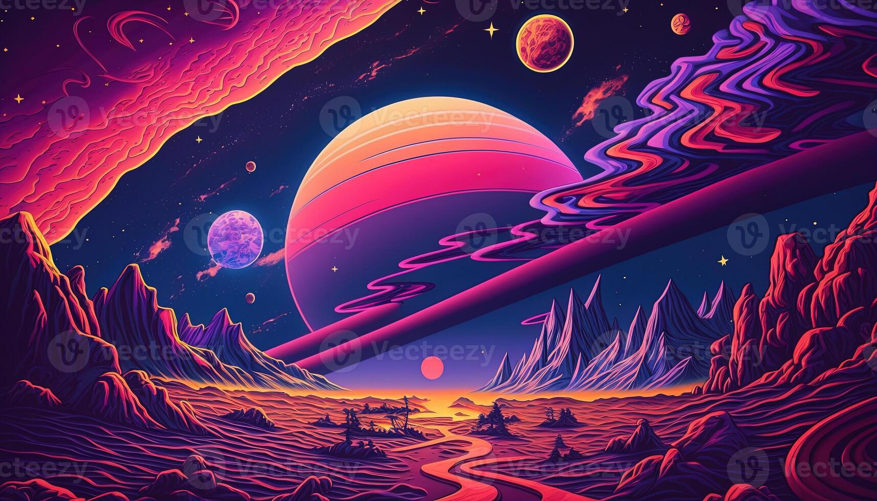 , Psychedelic Space banner template, nostalgic 80s, 90s background. Horizontal illustration of the future landscape with mountains, planets, trees, moon. Surrealist escapism concept. photo