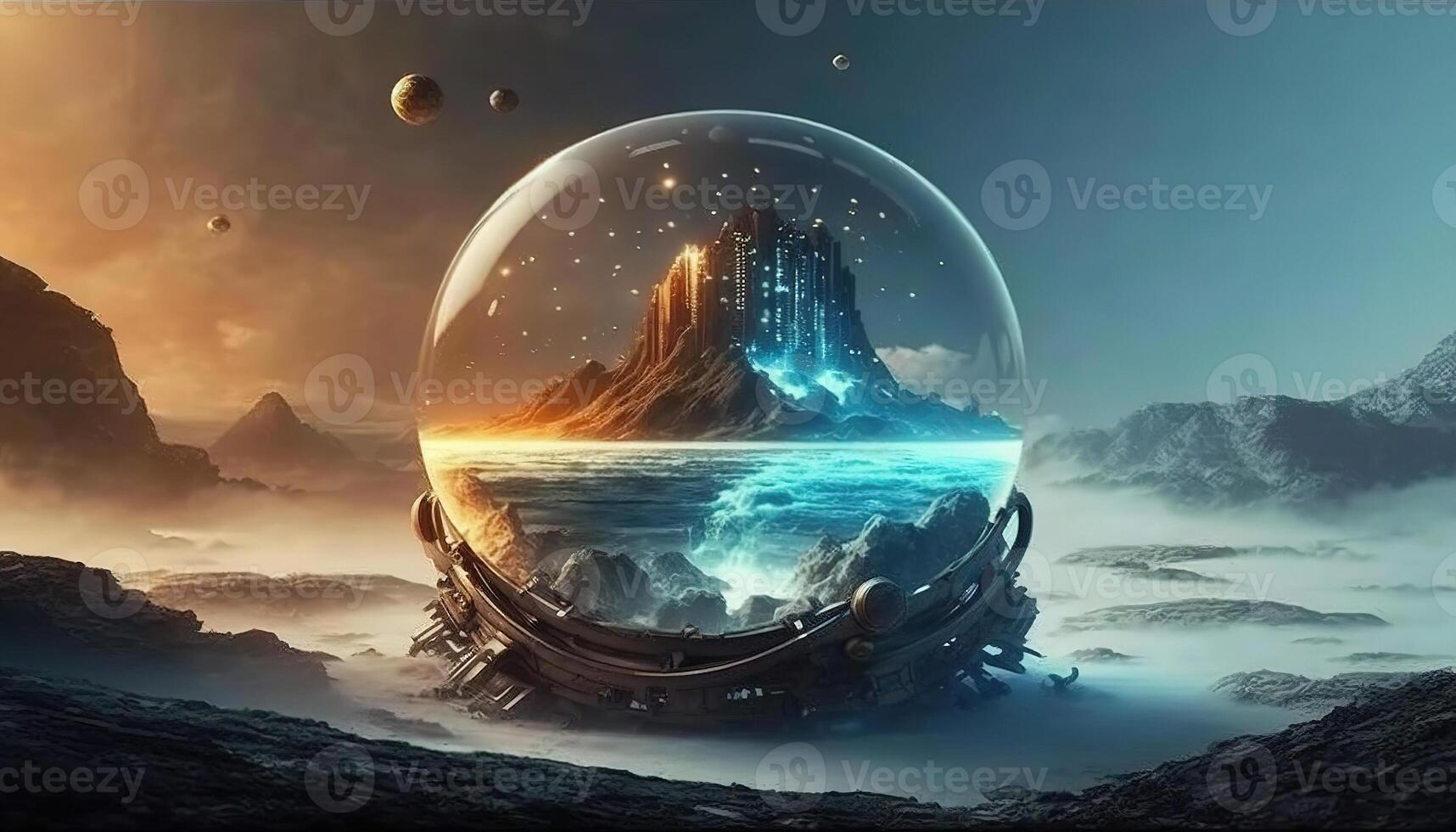, Alien planet, crystal ball with landscape, mountaints, stars and plants. photo