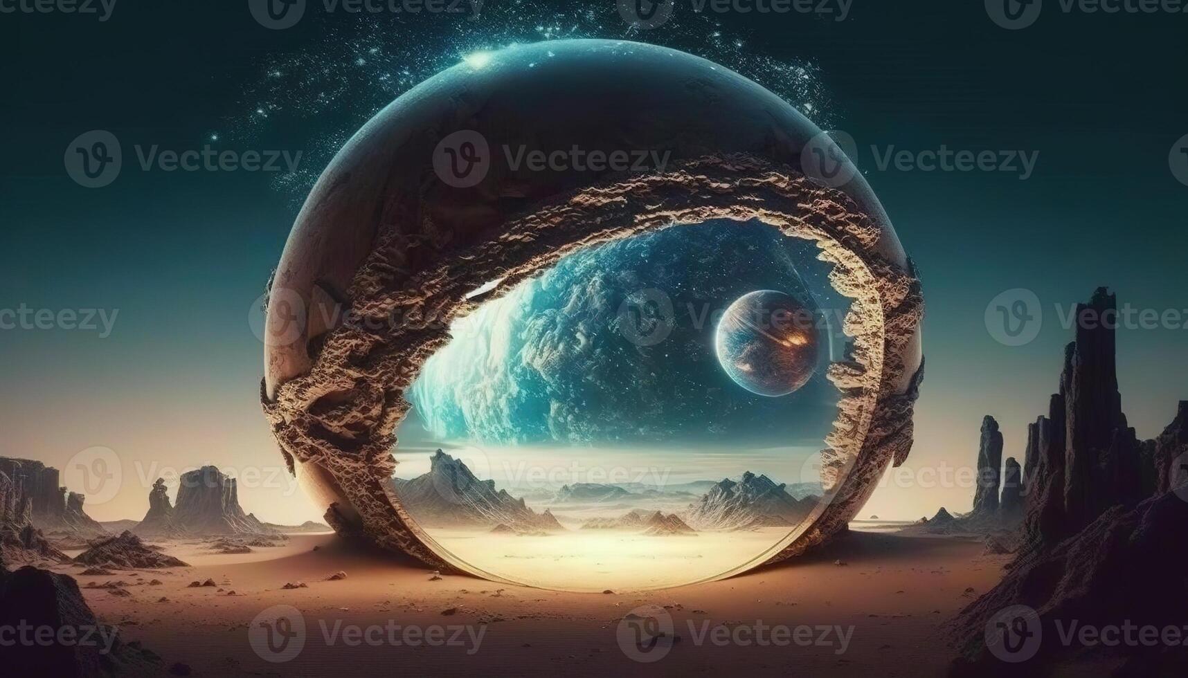 , Alien planet, crystal ball with landscape, mountaints, stars and plants. photo