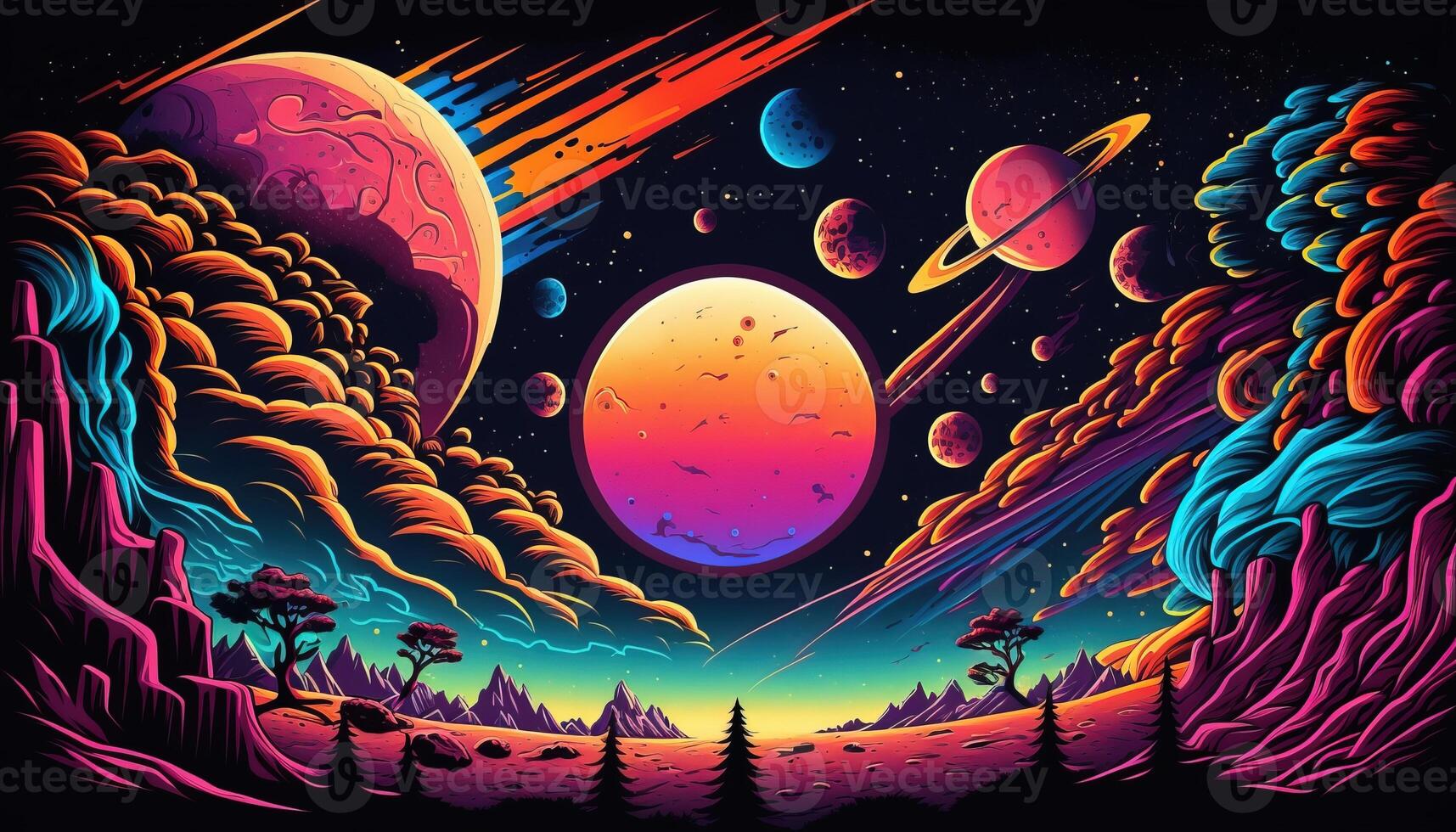 , Psychedelic Space banner template, nostalgic 80s, 90s background. Horizontal illustration of the future landscape with mountains, planets, trees, moon. Surrealist escapism concept. photo