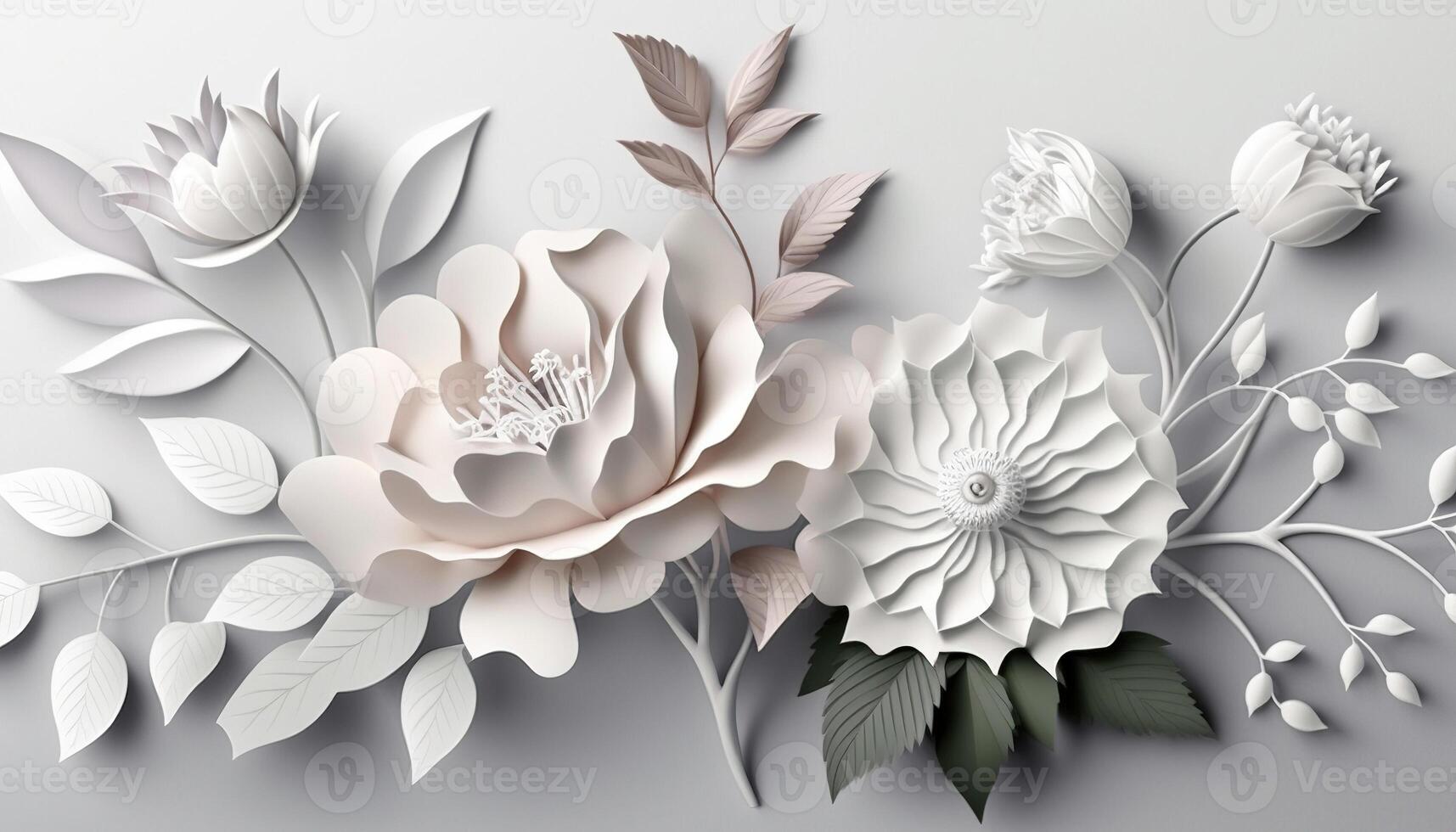 , Paper cut craft flowers and leaves, white color, floral origami textured background, spring mood. Photorealistic effect. photo