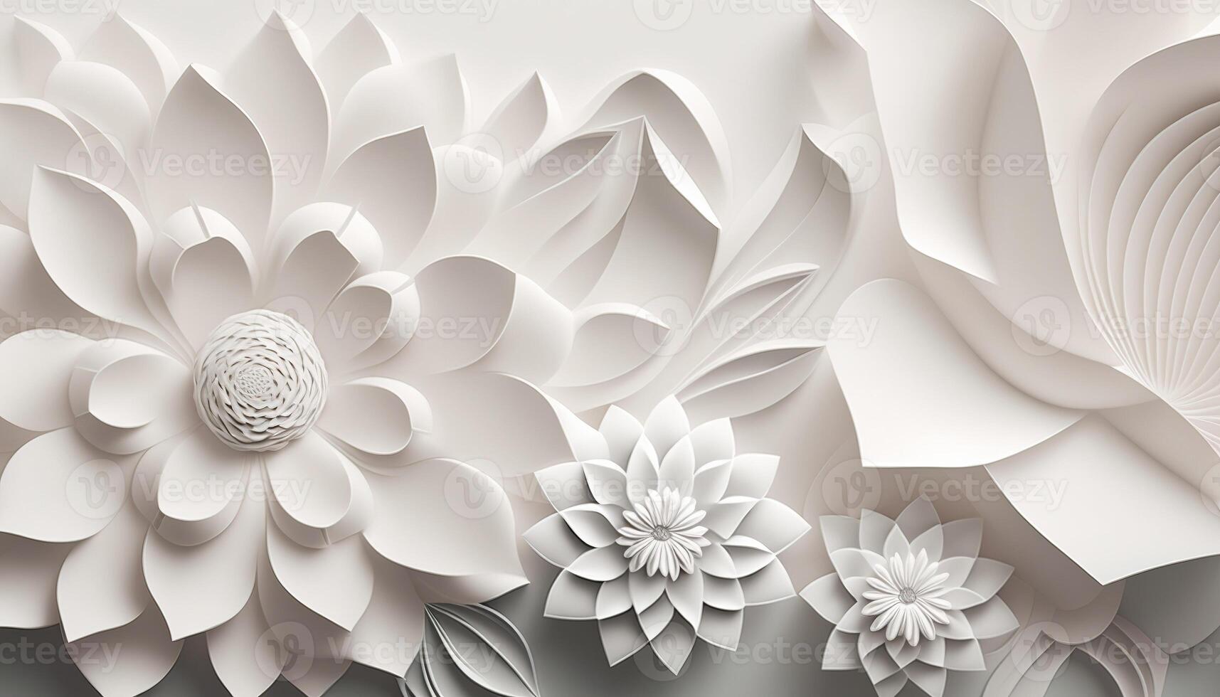 , Paper cut craft flowers and leaves, white color, floral origami textured background, spring mood. Photorealistic effect. photo