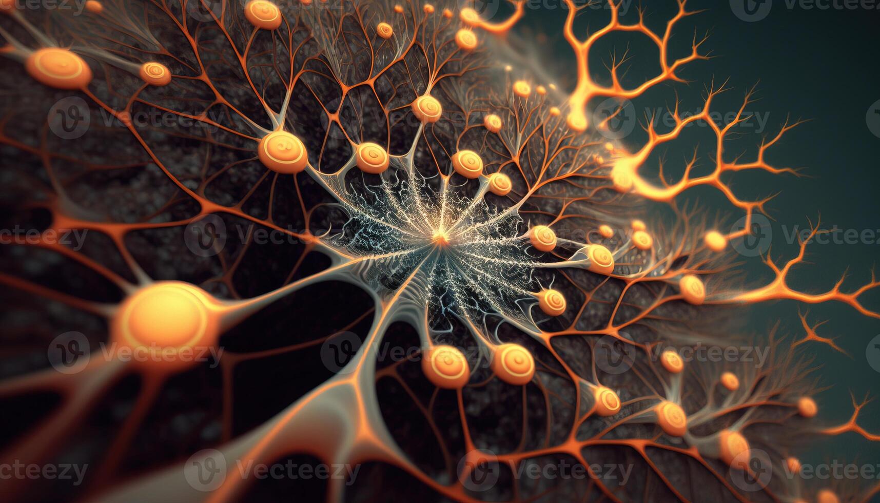 , Conceptual illustration of neuron cells with glowing link knots in abstract dark space, high resolution. Human nervous system, neural network photo