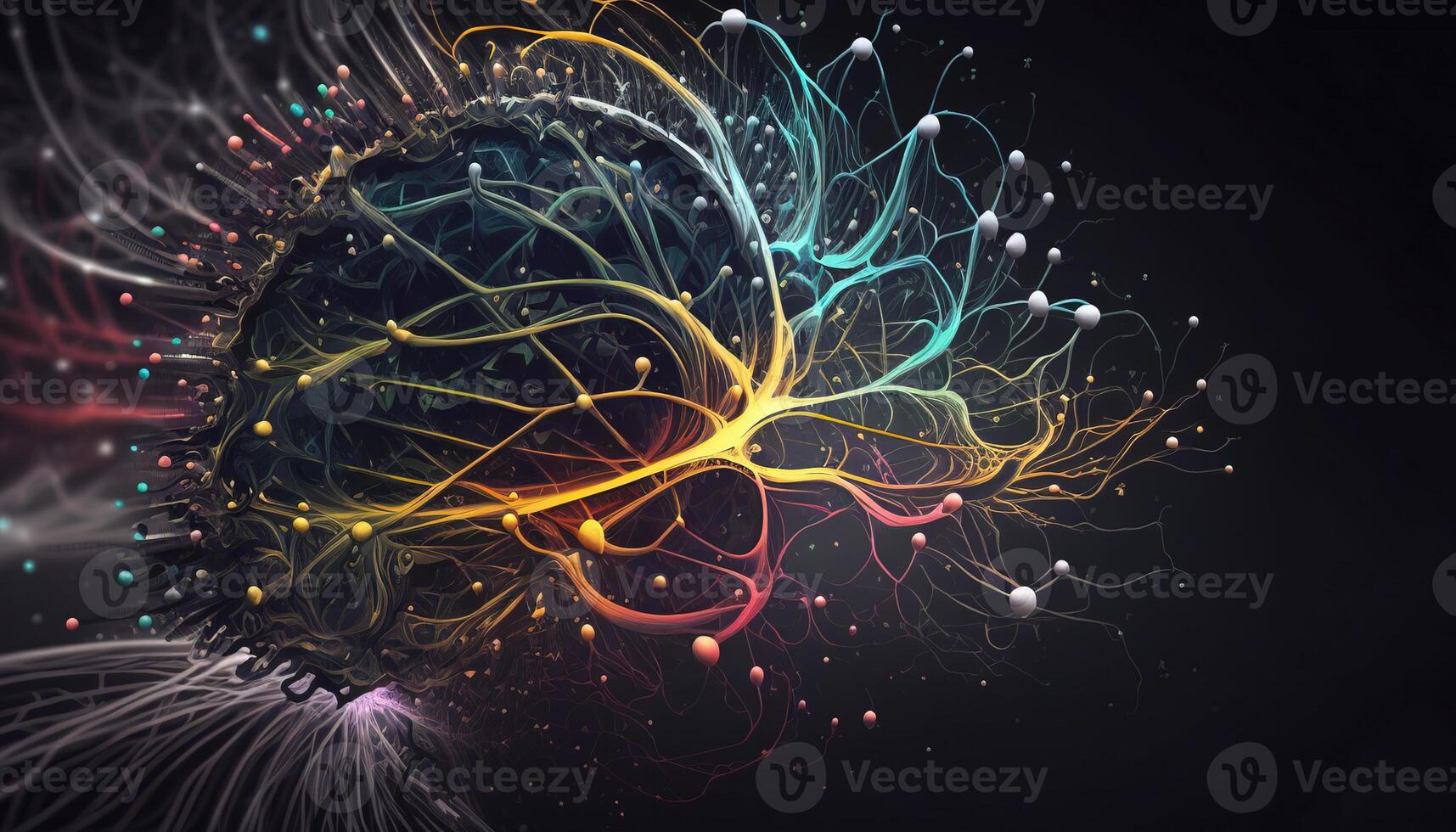 , Conceptual illustration of neuron cells with glowing link knots in abstract dark space, high resolution. Human nervous system, neural network photo