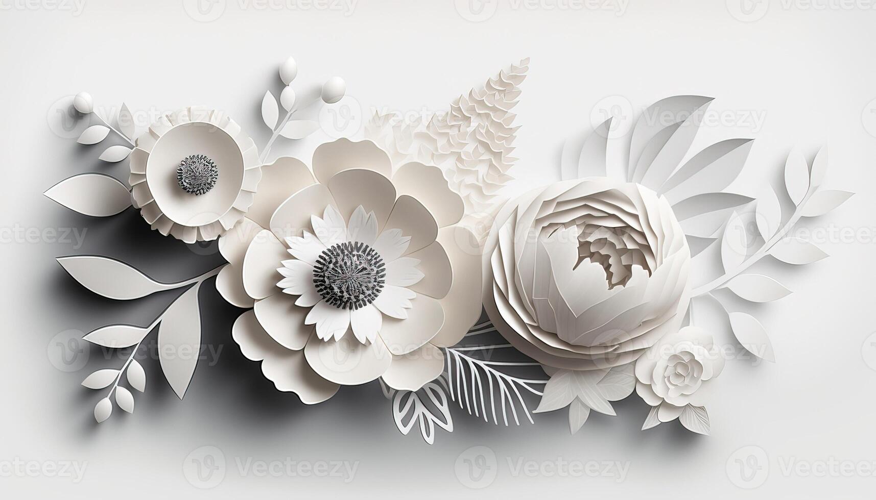 , Paper cut craft flowers and leaves, white color, floral origami textured background, spring mood. Photorealistic effect. photo