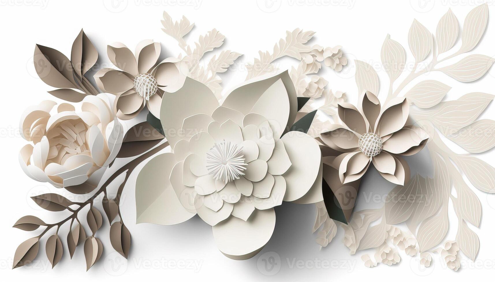 , Paper cut craft flowers and leaves, white color, floral origami textured background, spring mood. Photorealistic effect. photo