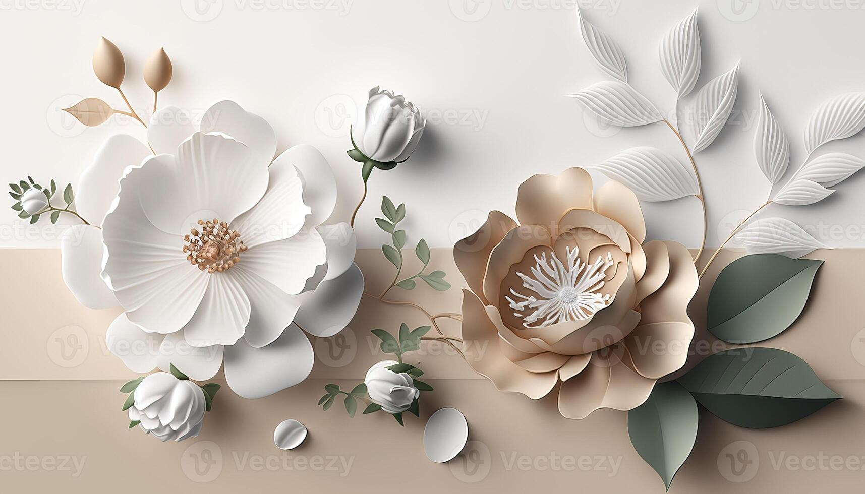, Paper cut craft flowers and leaves, white color, floral origami textured background, spring mood. Photorealistic effect. photo