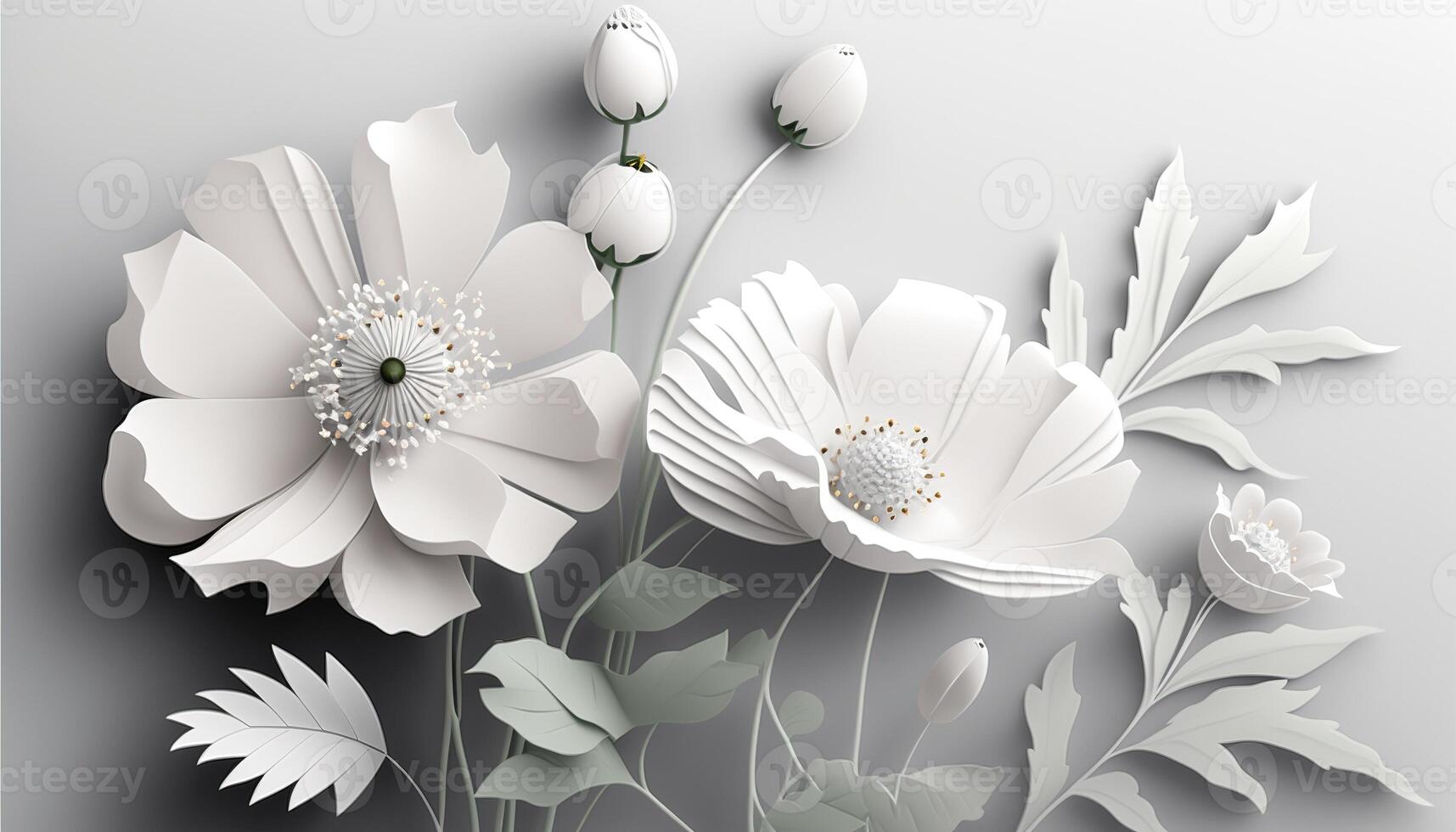 , Paper cut craft flowers and leaves, white color, floral origami textured background, spring mood. Photorealistic effect. photo