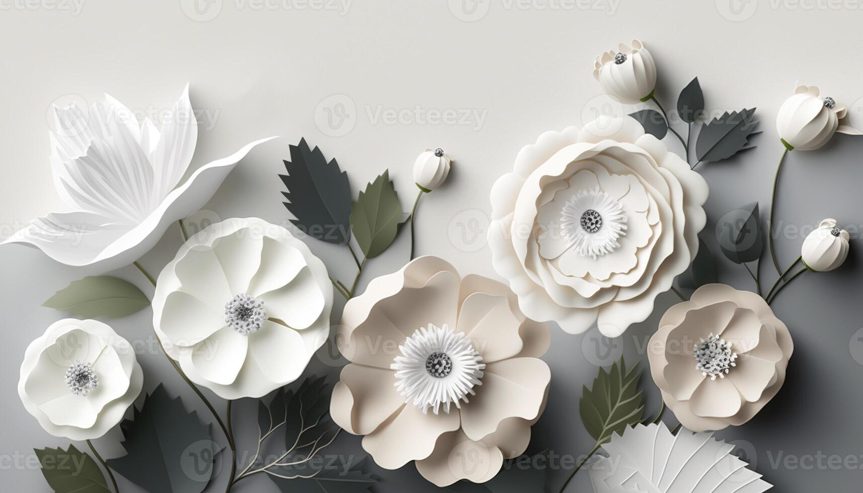 , Paper cut craft flowers and leaves, white color, floral origami textured background, spring mood. Photorealistic effect. photo