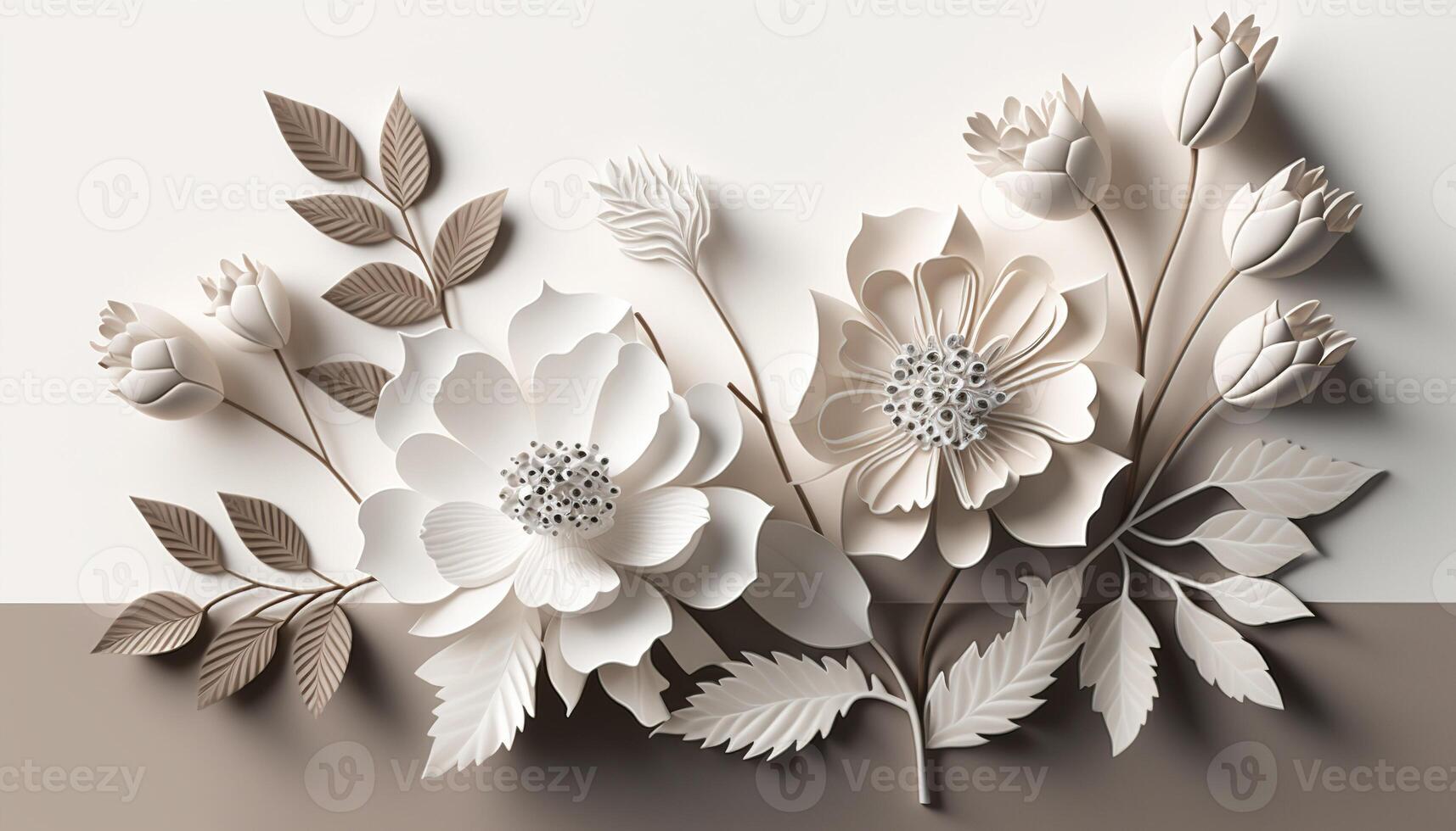 , Paper cut craft flowers and leaves, white color, floral origami textured background, spring mood. Photorealistic effect. photo