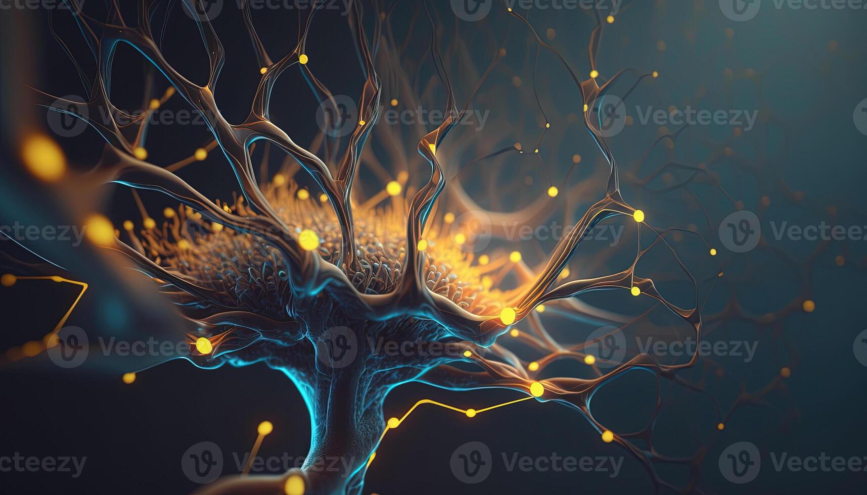 , Conceptual illustration of neuron cells with glowing link knots in abstract dark space, high resolution. Human nervous system photo