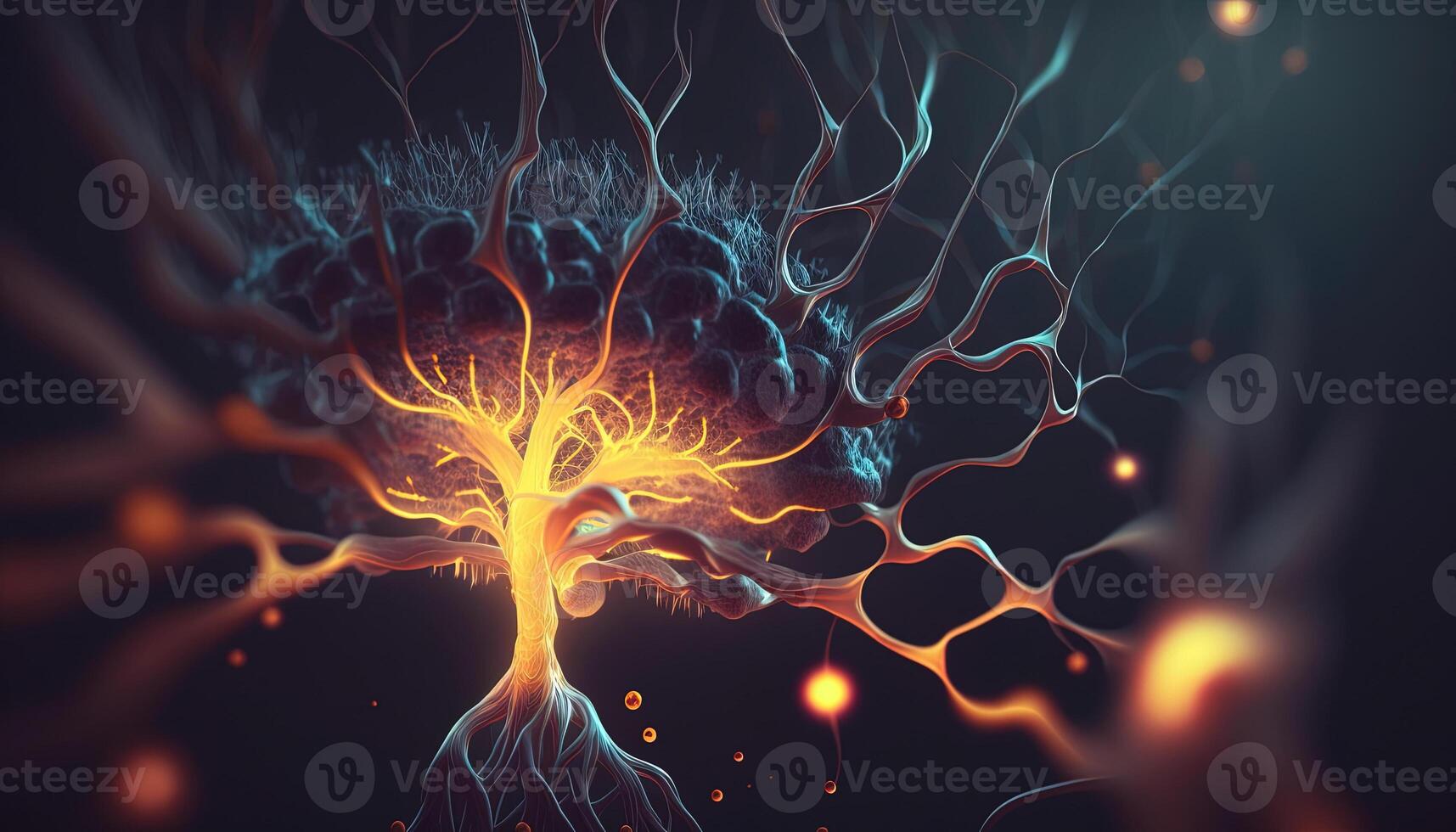 , Conceptual illustration of neuron cells with glowing link knots in abstract dark space, high resolution. Human nervous system photo