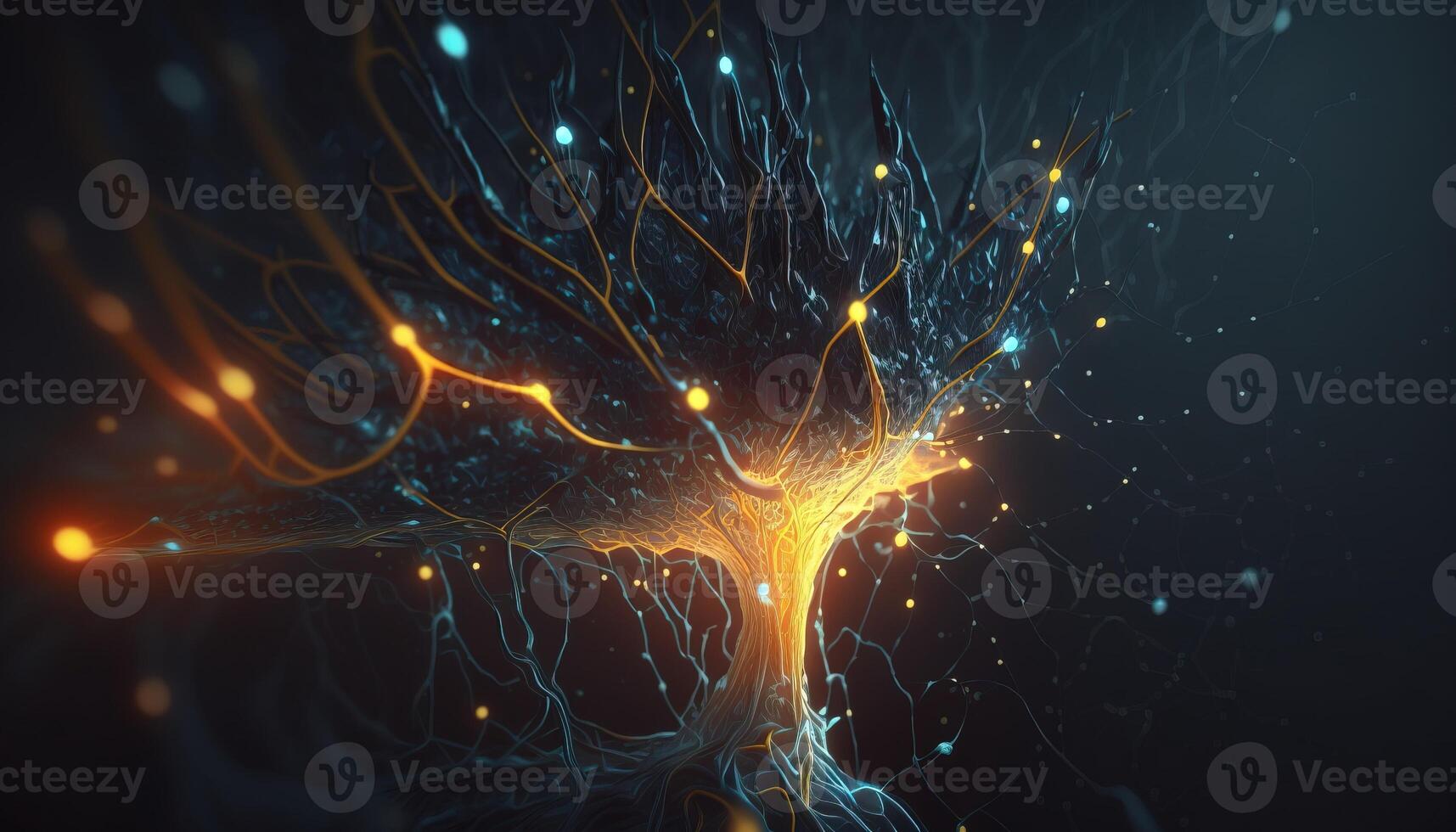 , Conceptual illustration of neuron cells with glowing link knots in abstract dark space, high resolution. Human nervous system, neural network photo