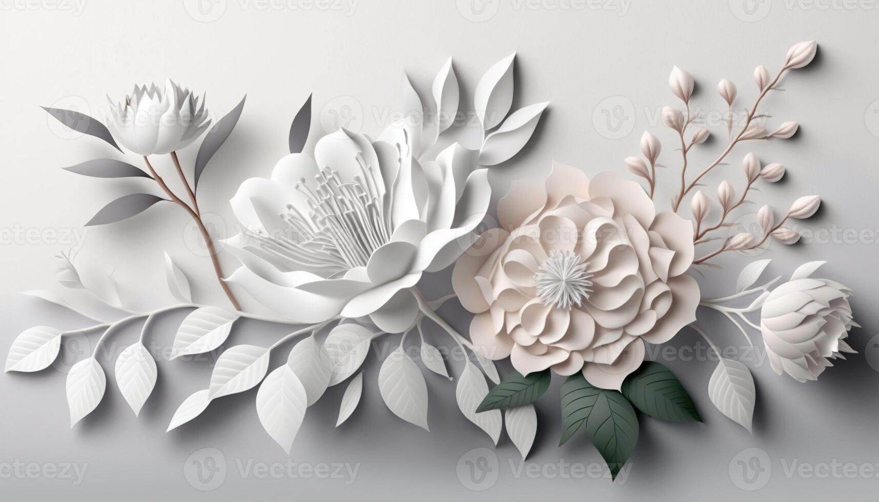, Paper cut craft flowers and leaves, white color, floral origami textured background, spring mood. Photorealistic effect. photo
