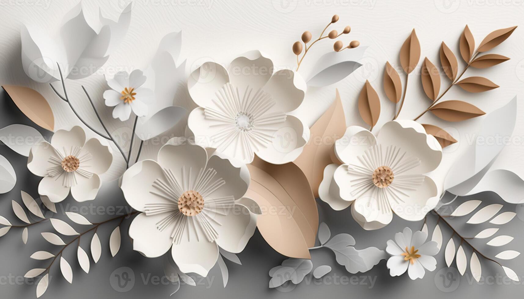 , Paper cut craft flowers and leaves, white color, floral origami textured background, spring mood. Photorealistic effect. photo