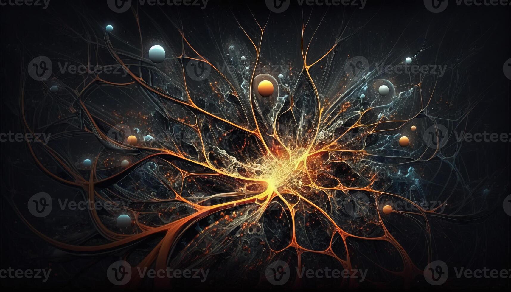 , Conceptual illustration of neuron cells with glowing link knots in abstract dark space, high resolution. Human nervous system, neural network photo