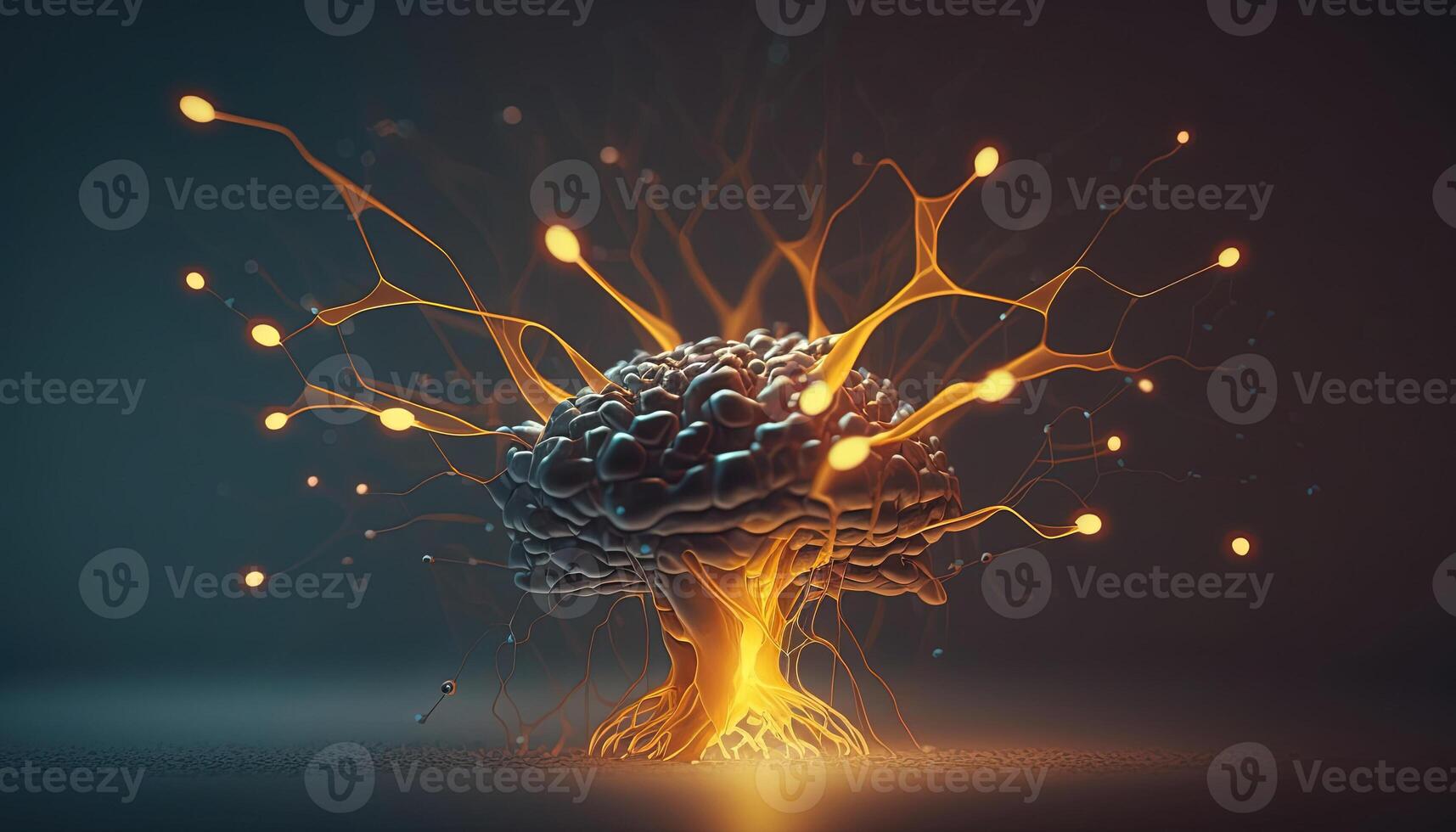 , Conceptual illustration of neuron cells with glowing link knots in abstract dark space, high resolution. Human nervous system photo