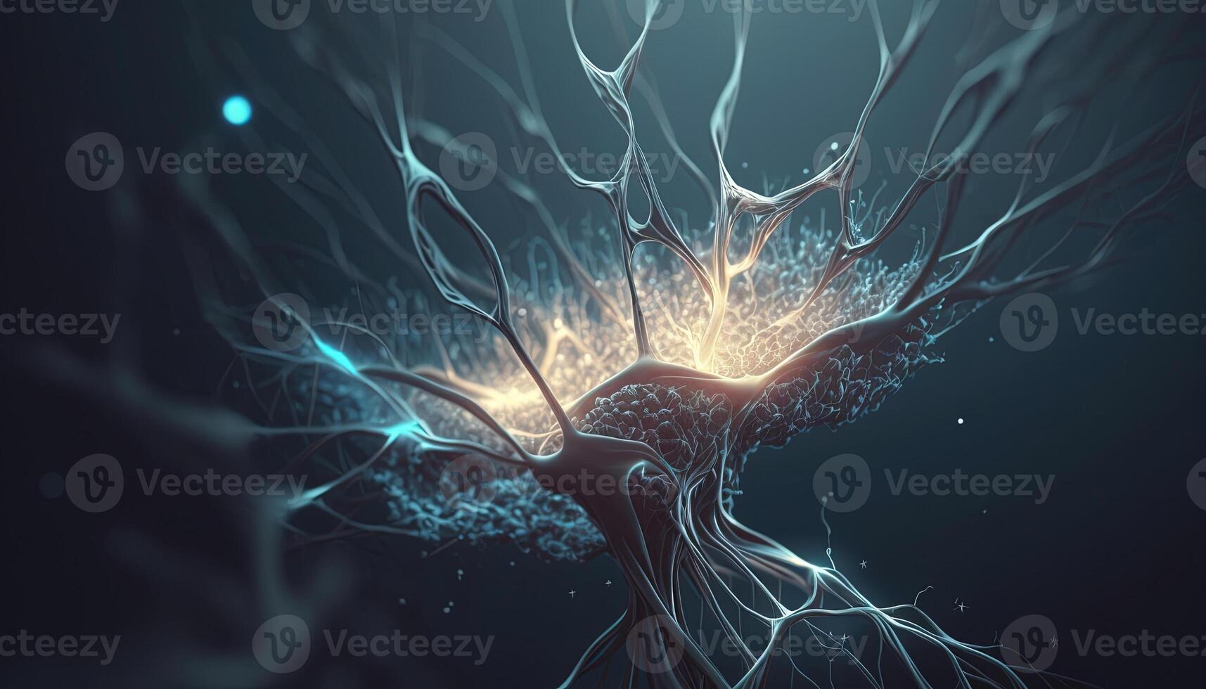 , Conceptual illustration of neuron cells with glowing link knots in abstract dark space, high resolution. Human nervous system photo