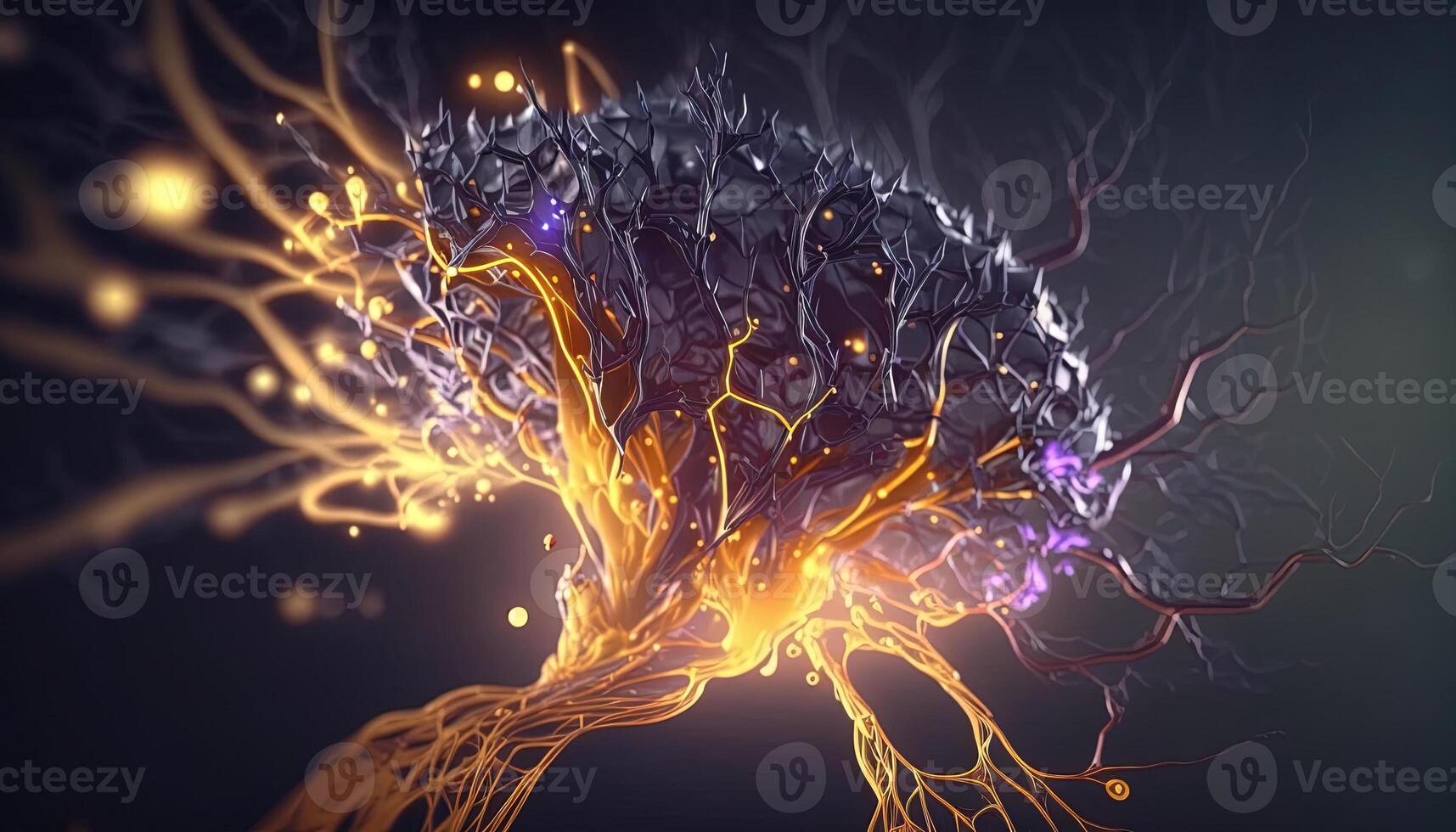 , Conceptual illustration of neuron cells with glowing link knots in abstract dark space, high resolution. Human nervous system photo
