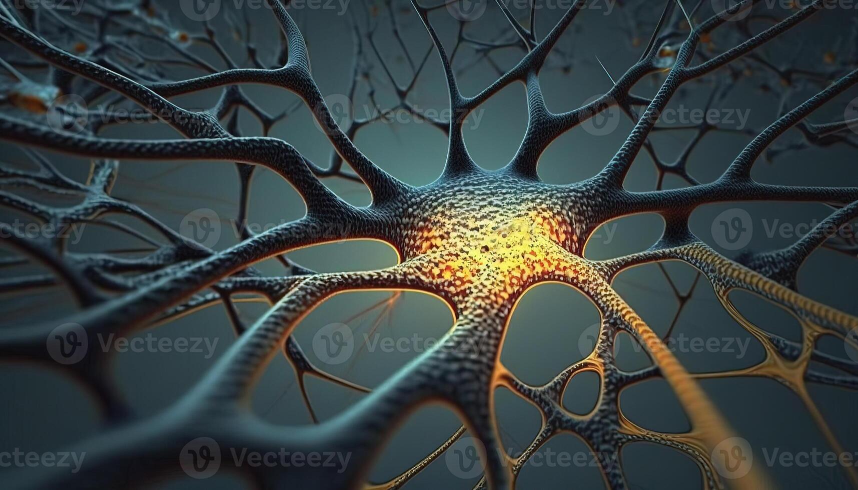 , Conceptual illustration of neuron cells with glowing link knots in abstract dark space, high resolution. Human nervous system, neural network photo