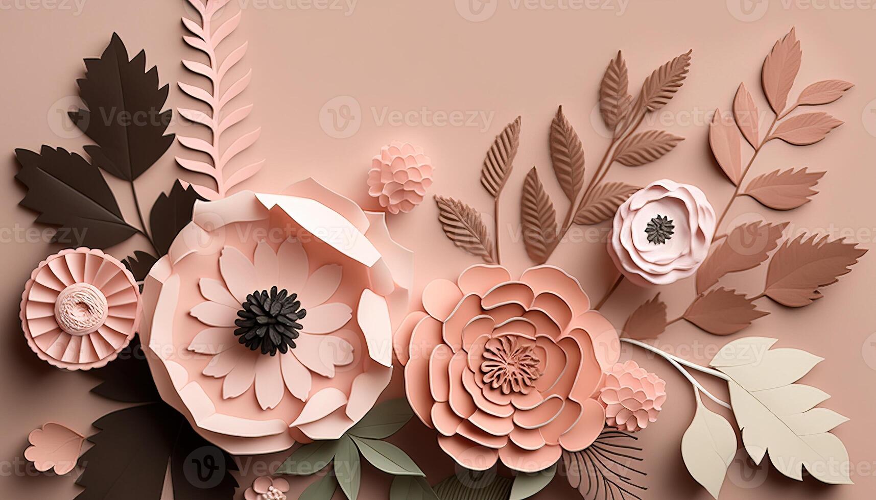 , Paper cut craft flowers and leaves, pastel beige and apricot colors, floral origami textured background, spring mood. Photorealistic effect. photo