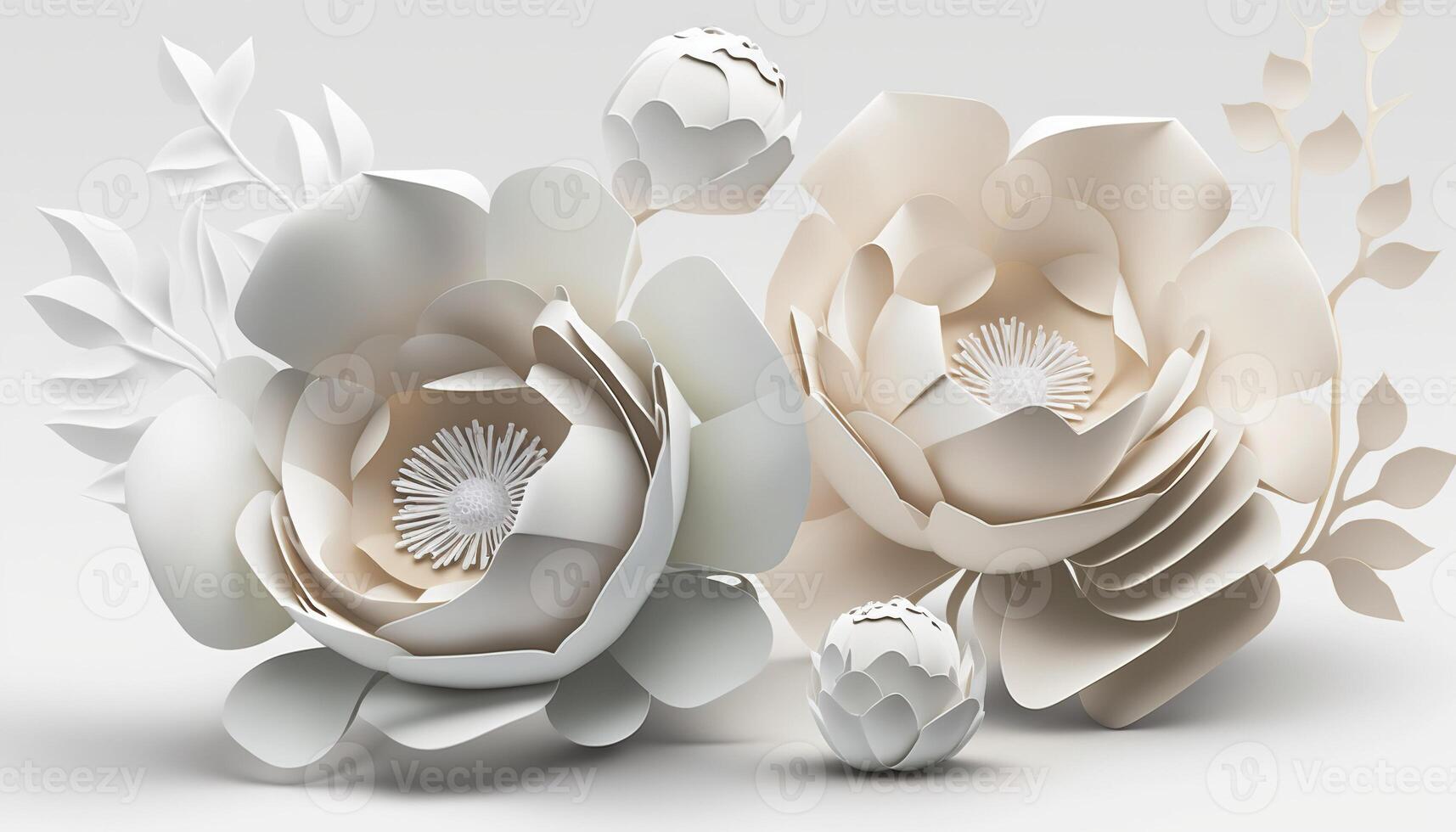 , Paper cut craft flowers and leaves, white color, floral origami textured background, spring mood. Photorealistic effect. photo