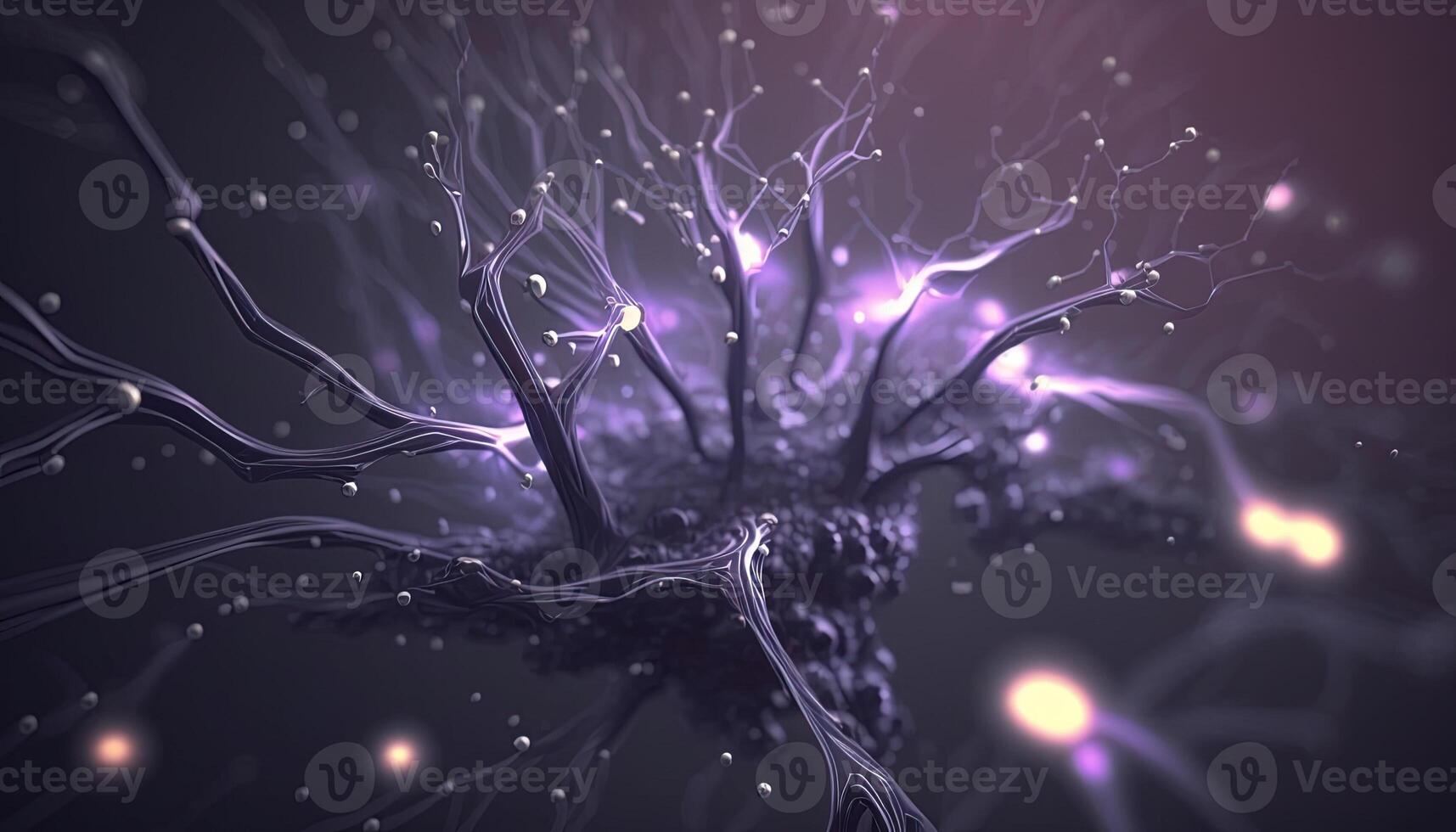 , Conceptual illustration of neuron cells with glowing link knots in abstract dark space, high resolution. Human nervous system photo