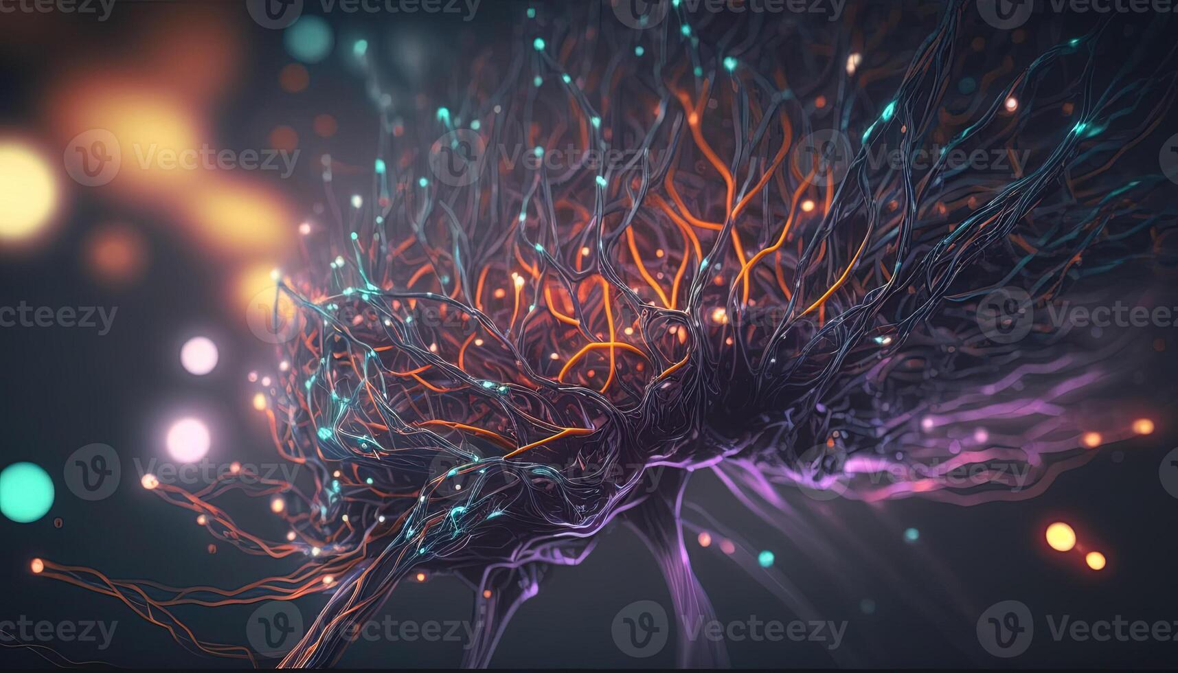 , Conceptual illustration of neuron cells with glowing link knots in abstract dark space, high resolution. Human nervous system photo