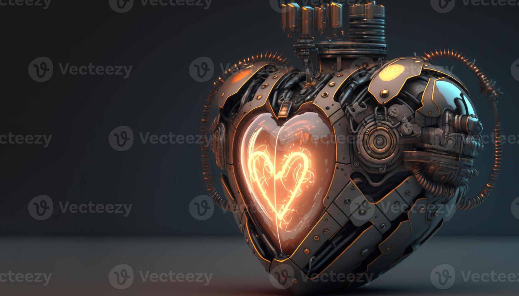 , Robot heart in cyberpunk style, futuristic illustration. Love, feelings, romantic St. Valentine's Day concept. Sci-fi replacement organ, realistic 3d effect. photo