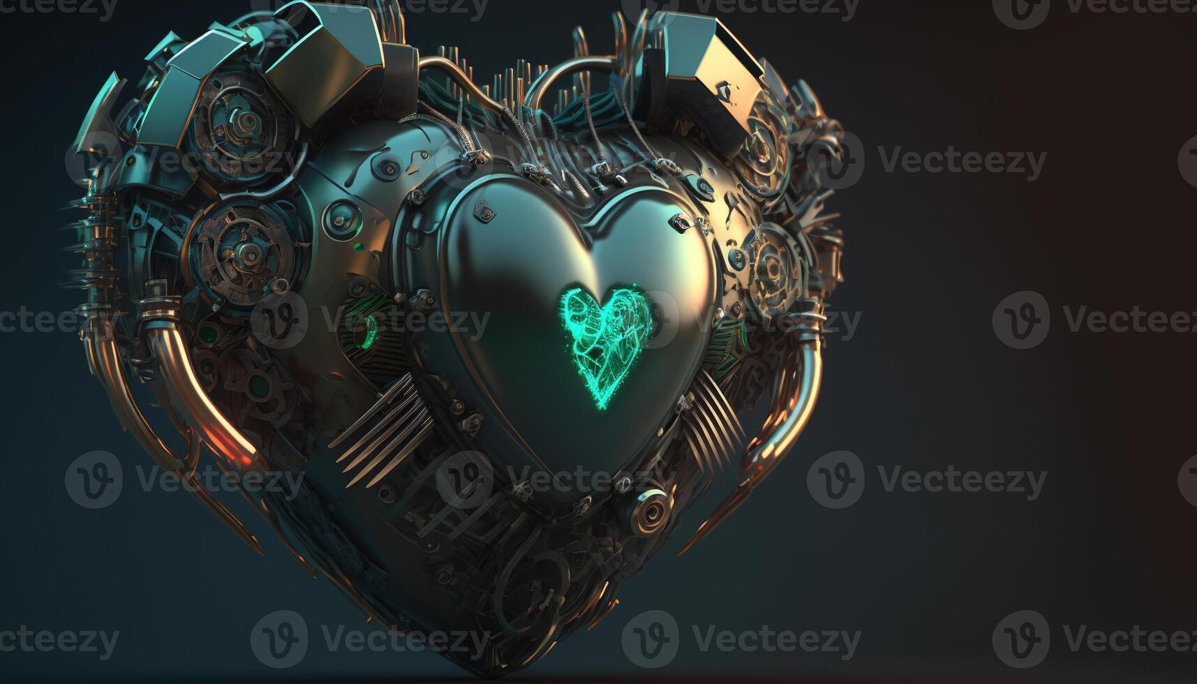 , Robot heart in cyberpunk style, futuristic illustration. Love, feelings, romantic St. Valentine's Day concept. Sci-fi replacement organ, realistic 3d effect. photo