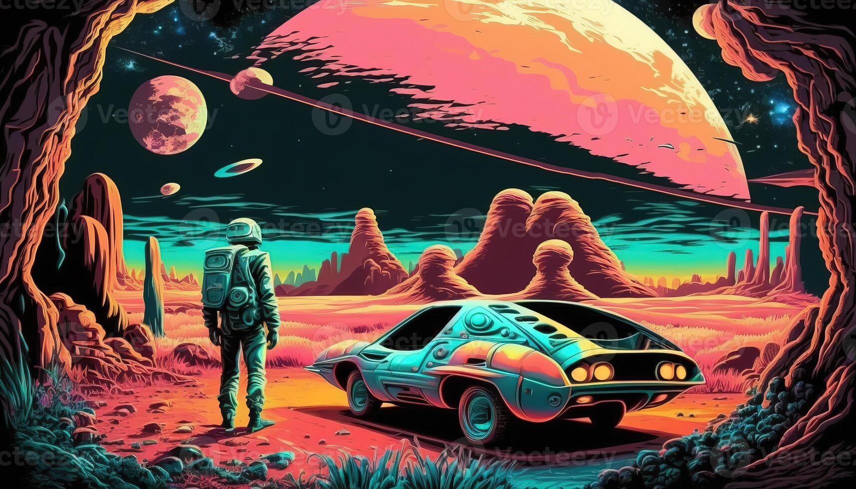 , Psychedelic Space banner template, nostalgic 80s, 90s background. Horizontal illustration of the future landscape with mountains, planets, trees, moon. Surrealist escapism concept. photo