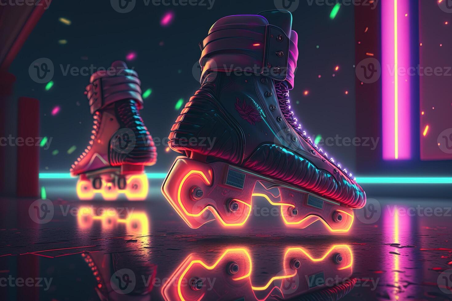, Roller skate in cyberpunk style, disco nostalgic 80s, 90s. Neon night lights vibrant colors, photorealistic horizontal illustration of the futuristic city. Sport activity concept. photo