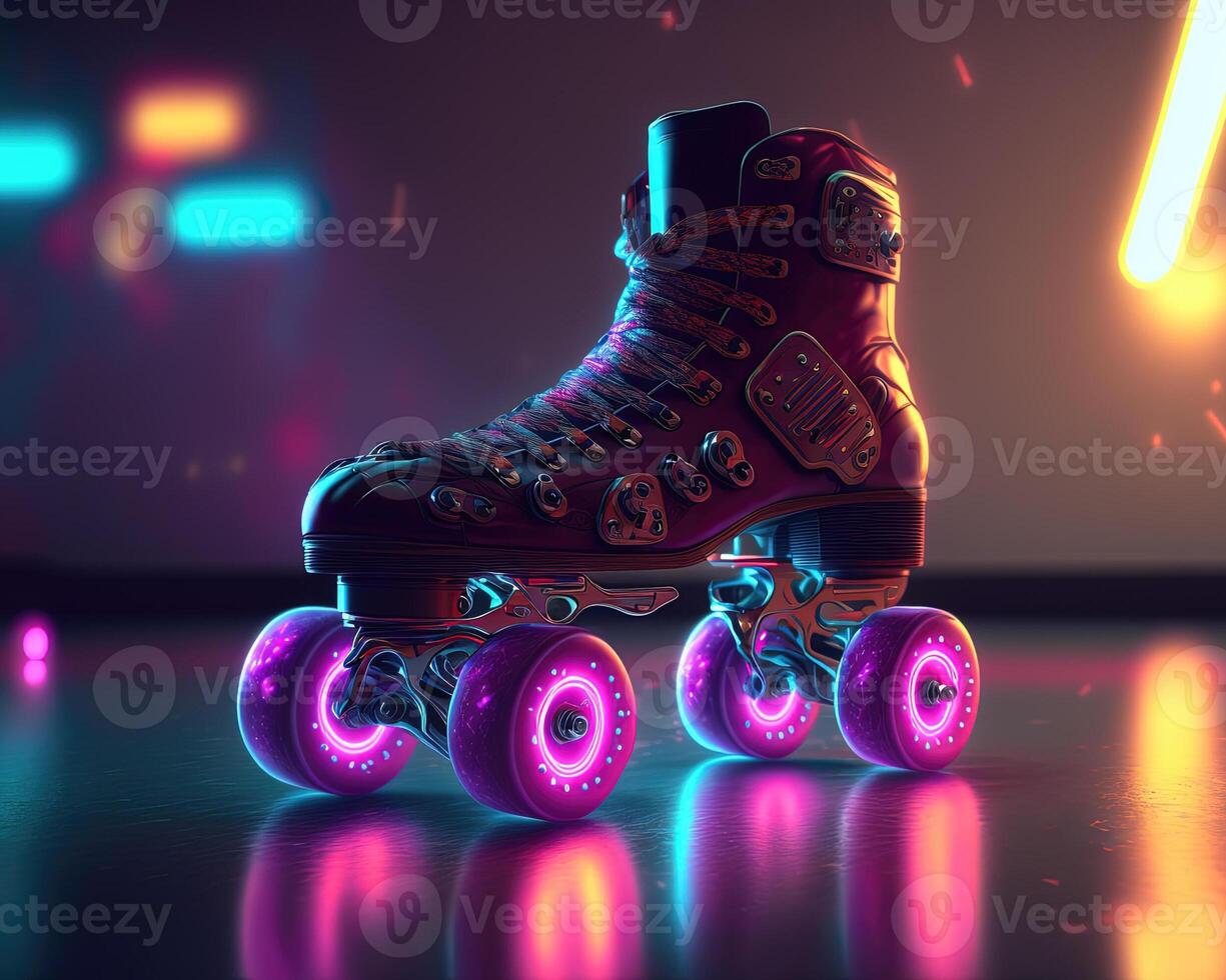 , Roller skate in cyberpunk style, disco nostalgic 80s, 90s. Neon night lights vibrant colors, photorealistic horizontal illustration of the futuristic city. Sport activity concept. photo