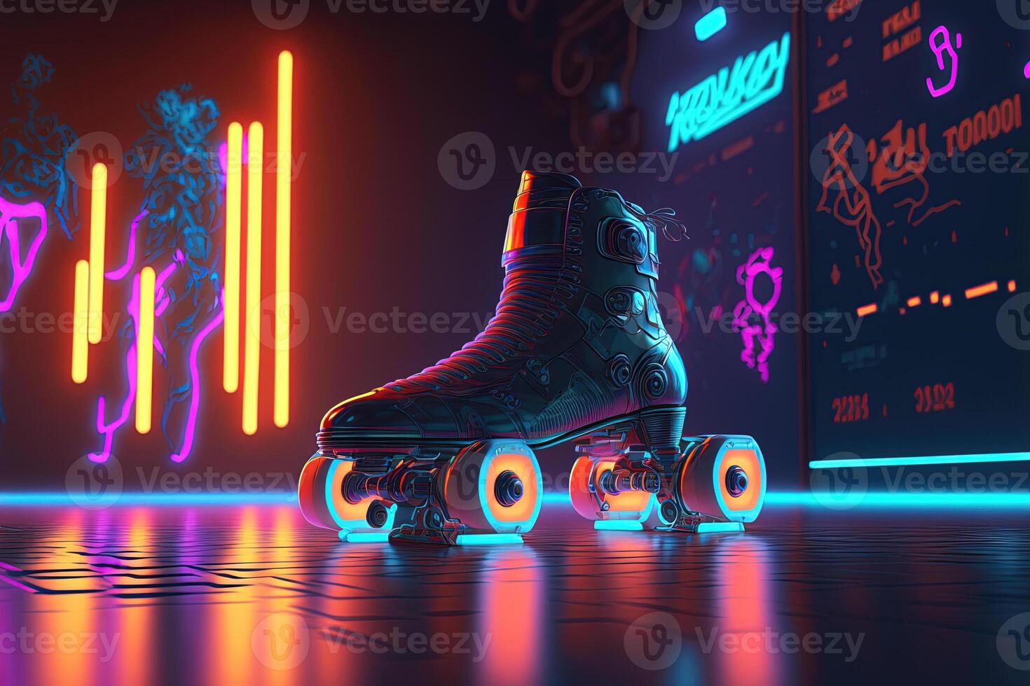 , Roller skate in cyberpunk style, disco nostalgic 80s, 90s. Neon night lights vibrant colors, photorealistic horizontal illustration of the futuristic city. Sport activity concept. photo