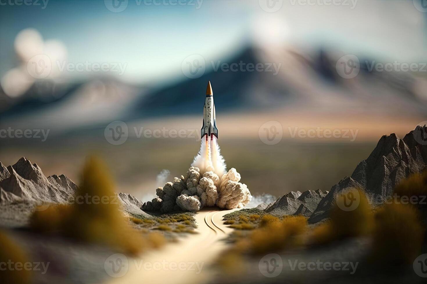 , Rocket launch from the ground, mountains. Illustration concept of business product on a market, startup, photorealistic tilt shift horizontal banner. photo