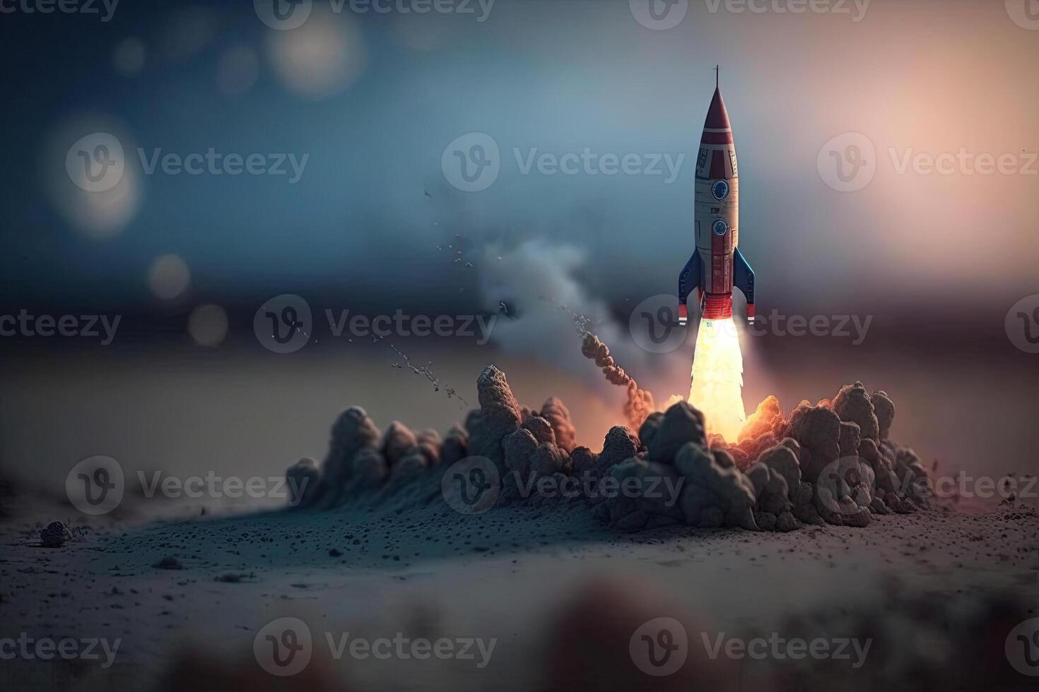 , Rocket launch from the ground, mountains. Illustration concept of business product on a market, startup, photorealistic tilt shift horizontal banner. photo