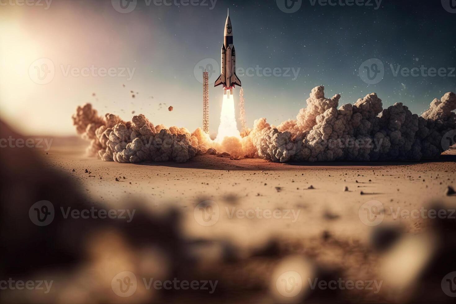 , Rocket launch from the ground, mountains. Illustration concept of business product on a market, startup, photorealistic tilt shift horizontal banner. photo