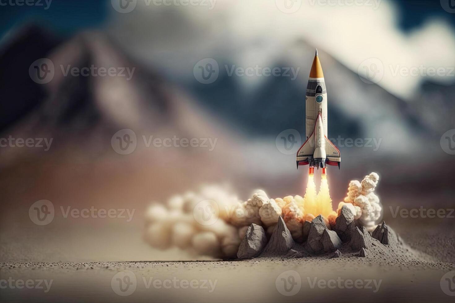 , Rocket launch from the ground, mountains. Illustration concept of business product on a market, startup, photorealistic tilt shift horizontal banner. photo