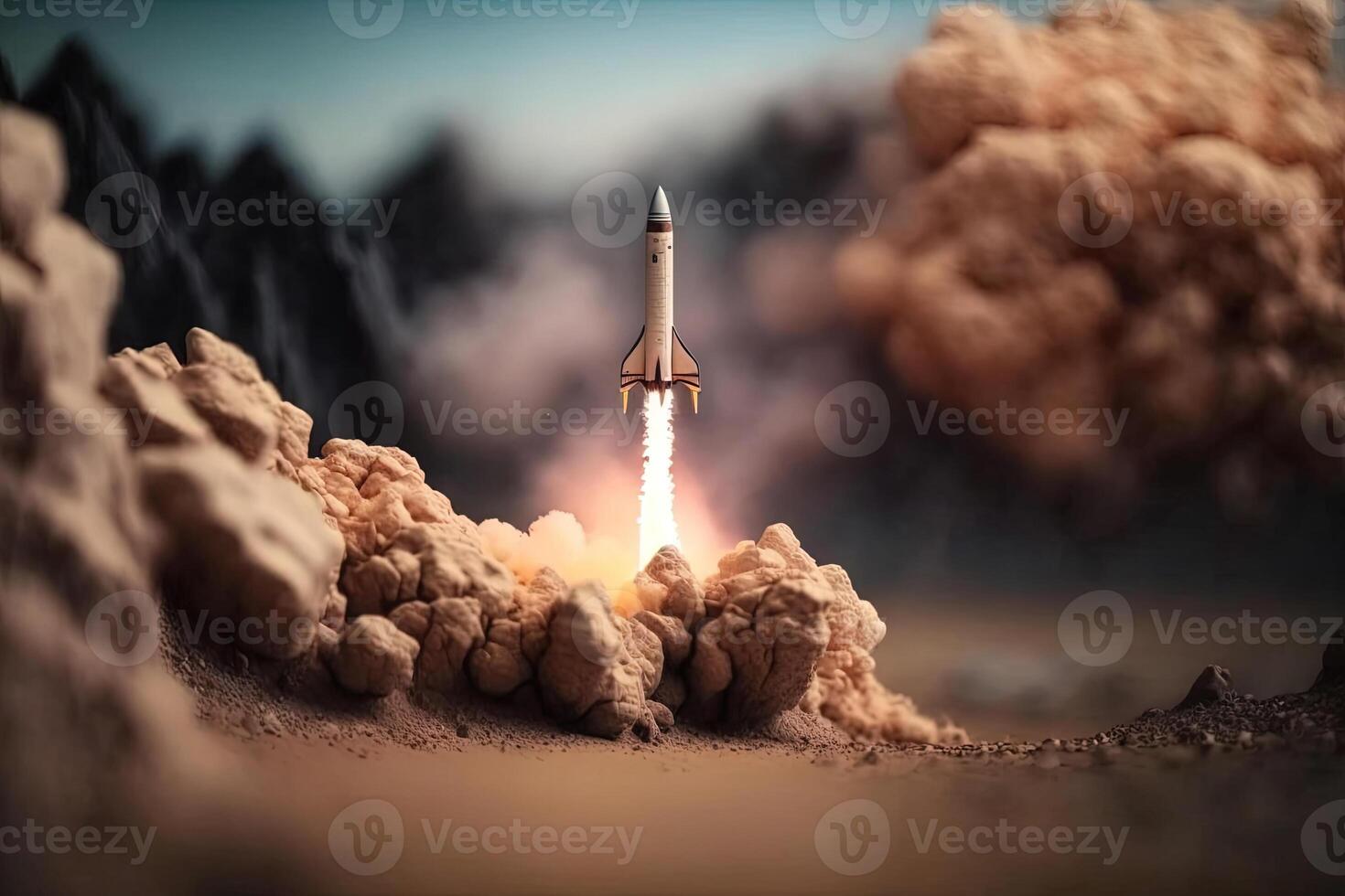 , Rocket launch from the ground, mountains. Illustration concept of business product on a market, startup, photorealistic tilt shift horizontal banner. photo