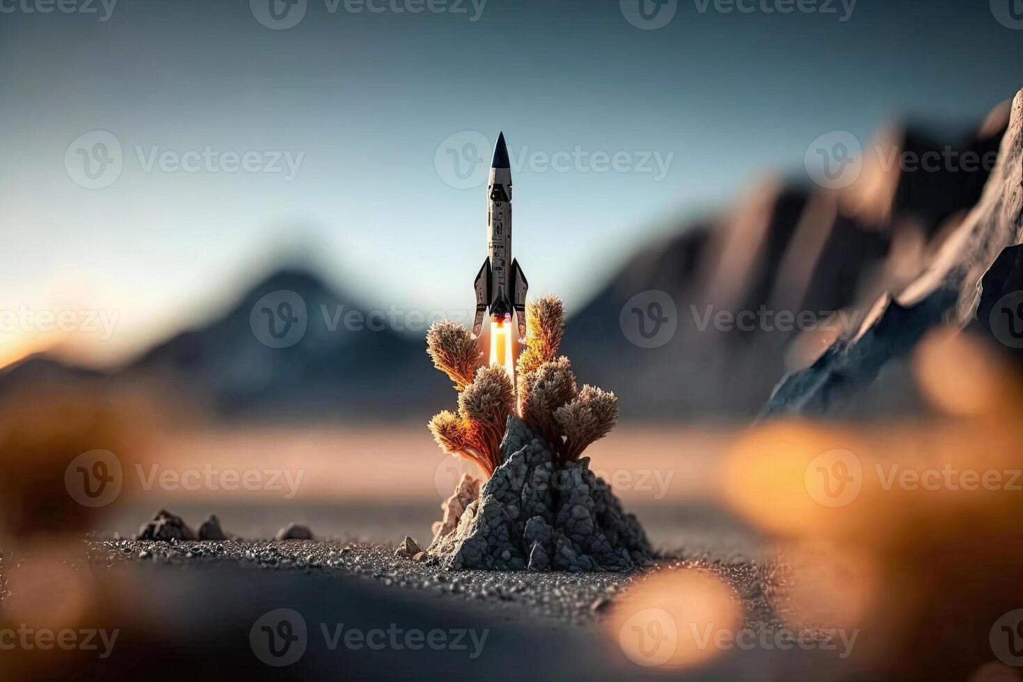 , Rocket launch from the ground, mountains. Illustration concept of business product on a market, startup, photorealistic tilt shift horizontal banner. photo