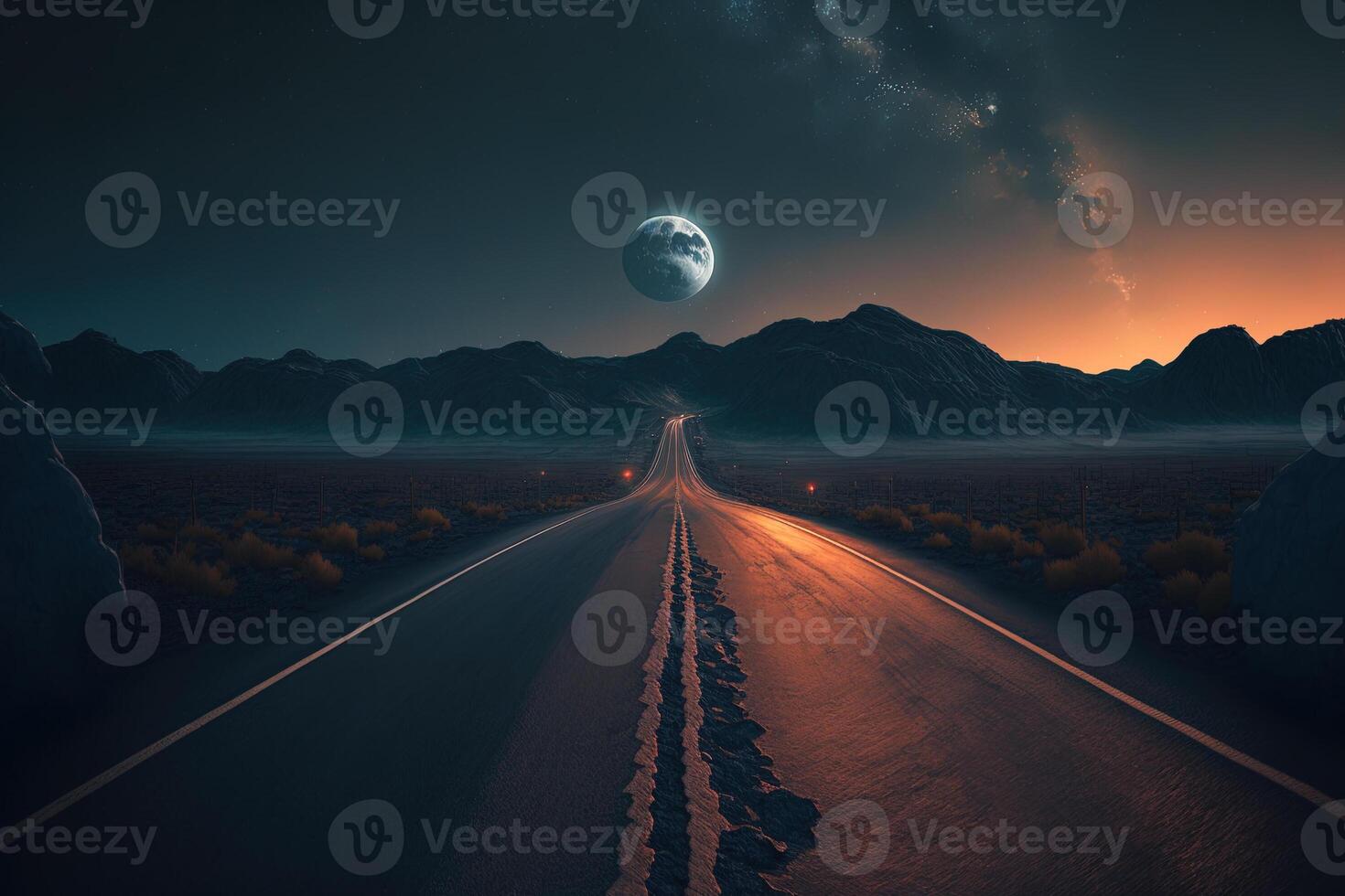 , Landscape, night lonely road with bright full moon shines down, mountains, desert. Photorealistic horizontal illustration, asphalt road, wilderness area photo