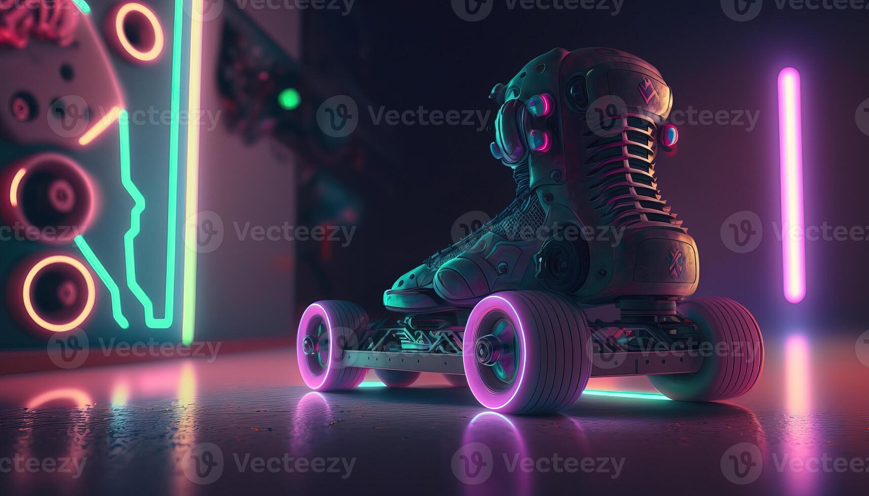 , Roller skate in cyberpunk style, disco nostalgic 80s, 90s. Neon night lights vibrant colors, photorealistic horizontal illustration of the futuristic city. Sport activity concept. photo