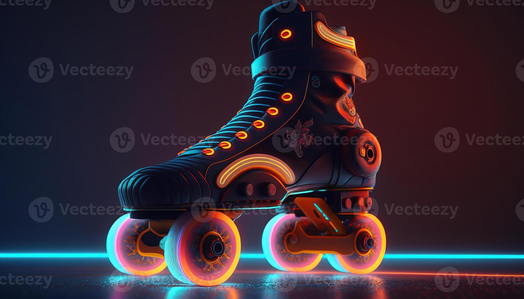 , Roller skate in cyberpunk style, disco nostalgic 80s, 90s. Neon night lights vibrant colors, photorealistic horizontal illustration of the futuristic city. Sport activity concept. photo